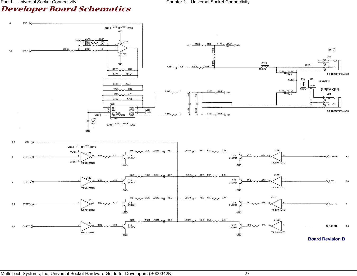 Part 1 − Universal Socket Connectivity    Chapter 1 – Universal Socket Connectivity Multi-Tech Systems, Inc. Universal Socket Hardware Guide for Developers (S000342K)  27 Developer Board Schematics   Board Revision B   