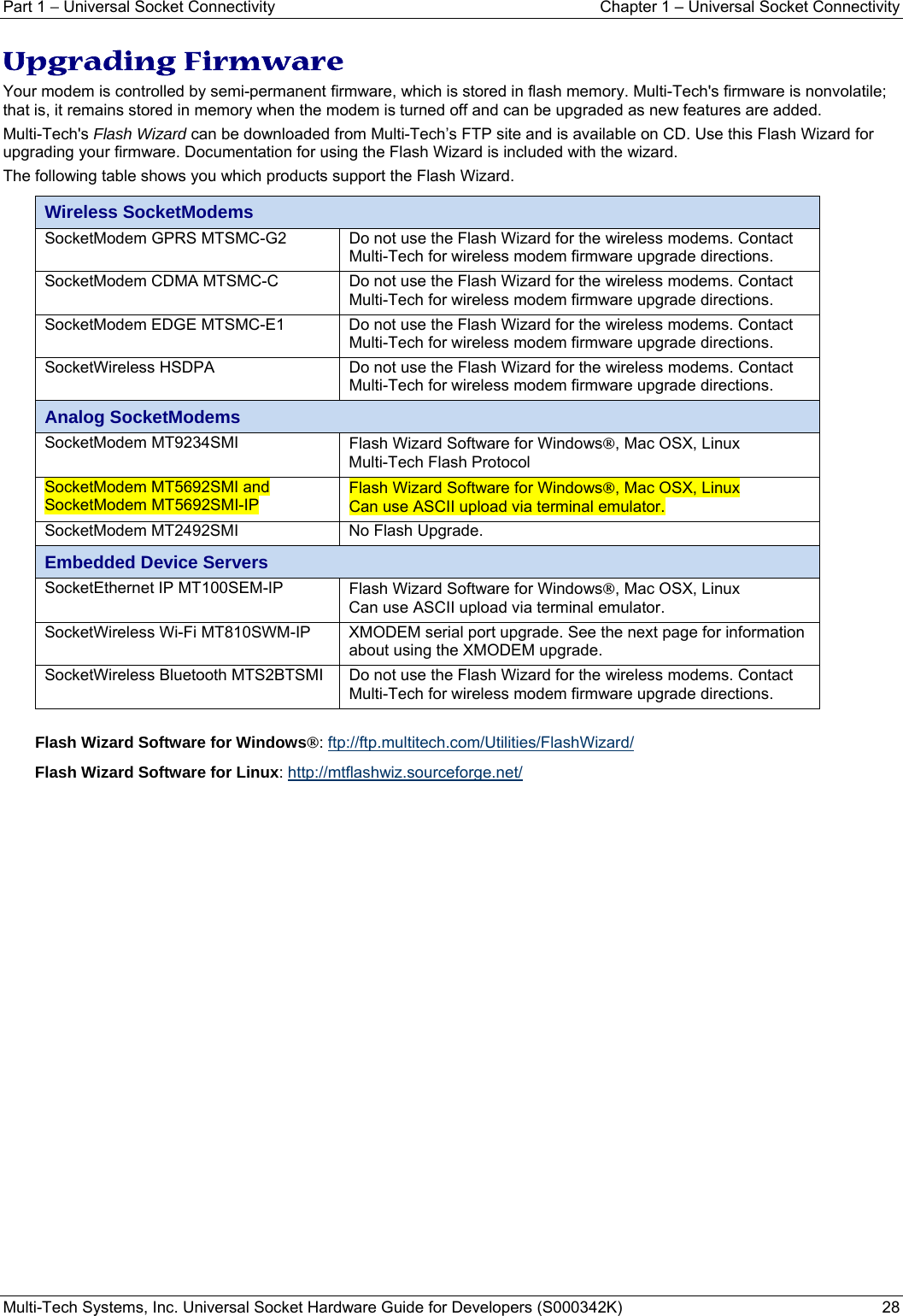 Part 1 − Universal Socket Connectivity    Chapter 1 – Universal Socket Connectivity Multi-Tech Systems, Inc. Universal Socket Hardware Guide for Developers (S000342K)  28  Upgrading Firmware Your modem is controlled by semi-permanent firmware, which is stored in flash memory. Multi-Tech&apos;s firmware is nonvolatile; that is, it remains stored in memory when the modem is turned off and can be upgraded as new features are added.  Multi-Tech&apos;s Flash Wizard can be downloaded from Multi-Tech’s FTP site and is available on CD. Use this Flash Wizard for upgrading your firmware. Documentation for using the Flash Wizard is included with the wizard. The following table shows you which products support the Flash Wizard. Wireless SocketModems SocketModem GPRS MTSMC-G2   Do not use the Flash Wizard for the wireless modems. Contact Multi-Tech for wireless modem firmware upgrade directions. SocketModem CDMA MTSMC-C  Do not use the Flash Wizard for the wireless modems. Contact Multi-Tech for wireless modem firmware upgrade directions. SocketModem EDGE MTSMC-E1  Do not use the Flash Wizard for the wireless modems. Contact Multi-Tech for wireless modem firmware upgrade directions. SocketWireless HSDPA  Do not use the Flash Wizard for the wireless modems. Contact Multi-Tech for wireless modem firmware upgrade directions. Analog SocketModems SocketModem MT9234SMI  Flash Wizard Software for Windows®, Mac OSX, Linux Multi-Tech Flash Protocol SocketModem MT5692SMI and SocketModem MT5692SMI-IP Flash Wizard Software for Windows®, Mac OSX, Linux Can use ASCII upload via terminal emulator. SocketModem MT2492SMI   No Flash Upgrade. Embedded Device Servers SocketEthernet IP MT100SEM-IP  Flash Wizard Software for Windows®, Mac OSX, Linux Can use ASCII upload via terminal emulator. SocketWireless Wi-Fi MT810SWM-IP  XMODEM serial port upgrade. See the next page for information about using the XMODEM upgrade. SocketWireless Bluetooth MTS2BTSMI  Do not use the Flash Wizard for the wireless modems. Contact Multi-Tech for wireless modem firmware upgrade directions.  Flash Wizard Software for Windows®: ftp://ftp.multitech.com/Utilities/FlashWizard/ Flash Wizard Software for Linux: http://mtflashwiz.sourceforge.net/ 