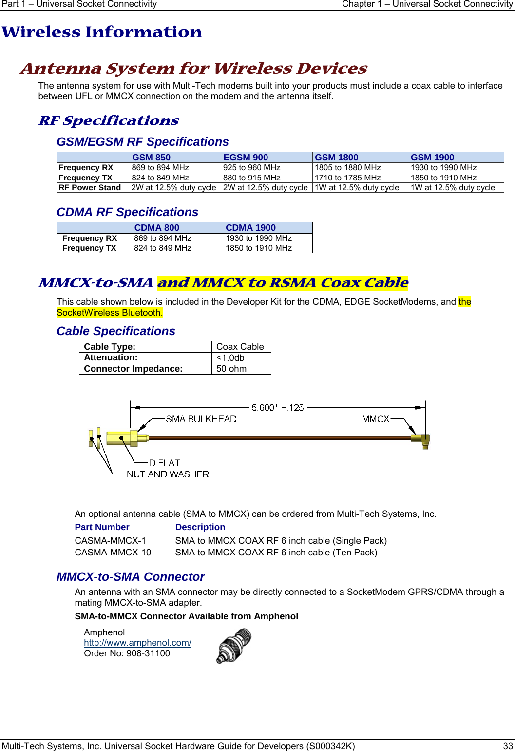 Part 1 − Universal Socket Connectivity    Chapter 1 – Universal Socket Connectivity Multi-Tech Systems, Inc. Universal Socket Hardware Guide for Developers (S000342K)  33  Wireless Information     Antenna System for Wireless Devices The antenna system for use with Multi-Tech modems built into your products must include a coax cable to interface between UFL or MMCX connection on the modem and the antenna itself.  RF Specifications GSM/EGSM RF Specifications  GSM 850  EGSM 900 GSM 1800 GSM 1900Frequency RX  869 to 894 MHz  925 to 960 MHz  1805 to 1880 MHz  1930 to 1990 MHz Frequency TX  824 to 849 MHz  880 to 915 MHz  1710 to 1785 MHz  1850 to 1910 MHz RF Power Stand  2W at 12.5% duty cycle 2W at 12.5% duty cycle 1W at 12.5% duty cycle  1W at 12.5% duty cycle CDMA RF Specifications  CDMA 800  CDMA 1900Frequency RX  869 to 894 MHz  1930 to 1990 MHz Frequency TX  824 to 849 MHz  1850 to 1910 MHz  MMCX-to-SMA and MMCX to RSMA Coax Cable This cable shown below is included in the Developer Kit for the CDMA, EDGE SocketModems, and the SocketWireless Bluetooth.  Cable Specifications Cable Type:  Coax Cable Attenuation:  &lt;1.0db Connector Impedance:  50 ohm      An optional antenna cable (SMA to MMCX) can be ordered from Multi-Tech Systems, Inc.  Part Number    Description CASMA-MMCX-1     SMA to MMCX COAX RF 6 inch cable (Single Pack) CASMA-MMCX-10    SMA to MMCX COAX RF 6 inch cable (Ten Pack) MMCX-to-SMA Connector An antenna with an SMA connector may be directly connected to a SocketModem GPRS/CDMA through a mating MMCX-to-SMA adapter. SMA-to-MMCX Connector Available from Amphenol Amphenol  http://www.amphenol.com/ Order No: 908-31100    