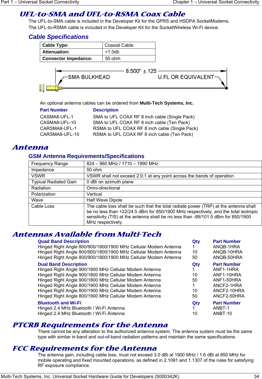 Part 1 − Universal Socket Connectivity    Chapter 1 – Universal Socket Connectivity Multi-Tech Systems, Inc. Universal Socket Hardware Guide for Developers (S000342K)  34  UFL-to-SMA and UFL-to-RSMA Coax Cable The UFL-to-SMA cable is included in the Developer Kit for the GPRS and HSDPA SocketModems. The UFL-to-RSMA cable is included in the Developer Kit for the SocketWireless Wi-Fi device. Cable Specifications Cable Type:  Coaxial Cable Attenuation:  &lt;1.0db Connector Impedance:  50 ohm   An optional antenna cables can be ordered from Multi-Tech Systems, Inc.  Part Number  Description CASMA8-UFL-1  SMA to UFL COAX RF 8 inch cable (Single Pack) CASMA8-UFL-10  SMA to UFL COAX RF 8 inch cable (Ten Pack)  CARSMA8-UFL-1  RSMA to UFL COAX RF 8 inch cable (Single Pack)   CARSMA8-UFL-10  RSMA to UFL COAX RF 8 inch cable (Ten Pack)    Antenna GSM Antenna Requirements/Specifications Frequency Range 824 – 960 MHz / 1710 – 1990 MHzImpedance 50 ohmVSWR VSWR shall not exceed 2.0:1 at any point across the bands of operationTypical Radiated Gain  0 dBi on azimuth plane Radiation Omni-directional Polarization Vertical Wave  Half Wave Dipole Cable Loss  The cable loss shall be such that the total radiate power (TRP) at the antenna shall be no less than +22/24.5 dBm for 850/1900 MHz respectively, and the total isotropic sensitivity (TIS) at the antenna shall be no less than -99/101.5 dBm for 850/1900 MHz respectively.   Antennas Available from Multi-Tech Quad Band Description  Qty  Part Number Hinged Right Angle 800/900/1800/1900 MHz Cellular Modem Antenna    1  ANQB-1HRA   Hinged Right Angle 800/900/1800/1900 MHz Cellular Modem Antenna  10  ANQB-10HRA Hinged Right Angle 800/900/1800/1900 MHz Cellular Modem Antenna  50  ANQB-50HRA Dual Band Description  Qty  Part Number Hinged Right Angle 900/1800 MHz Cellular Modem Antenna    1  ANF1-1HRA   Hinged Right Angle 900/1800 MHz Cellular Modem Antenna    10  ANF1-10HRA   Hinged Right Angle 900/1800 MHz Cellular Modem Antenna    50  ANF1-50HRA   Hinged Right Angle 800/1900 MHz Cellular Modem Antenna    1  ANCF2-1HRA Hinged Right Angle 800/1900 MHz Cellular Modem Antenna    10  ANCF2-10HRA Hinged Right Angle 800/1900 MHz Cellular Modem Antenna    50  ANCF2-50HRA Bluetooth and Wi-Fi   Qty  Part Number Hinged 2.4 MHz Bluetooth / Wi-Fi Antenna  1  ANBT-1 Hinged 2.4 MHz Bluetooth / Wi-Fi Antenna  10  ANBT-10  PTCRB Requirements for the Antenna There cannot be any alteration to the authorized antenna system. The antenna system must be the same type with similar in-band and out-of-band radiation patterns and maintain the same specifications.   FCC Requirements for the Antenna The antenna gain, including cable loss, must not exceed 3.0 dBi at 1900 MHz / 1.6 dBi at 850 MHz for mobile operating and fixed mounted operations, as defined in 2.1091 and 1.1307 of the rules for satisfying RF exposure compliance. 