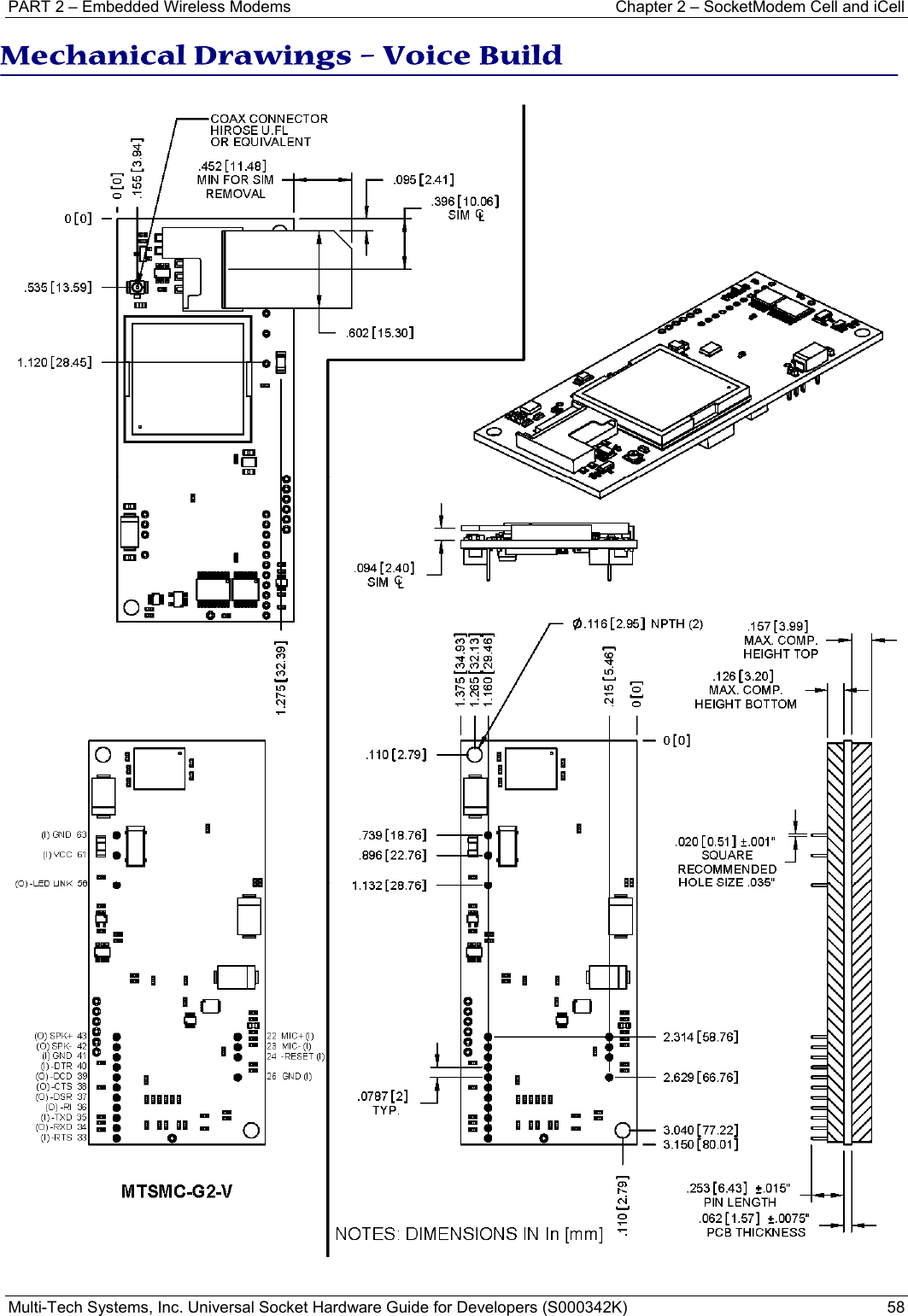 PART 2 – Embedded Wireless Modems   Chapter 2 – SocketModem Cell and iCell Multi-Tech Systems, Inc. Universal Socket Hardware Guide for Developers (S000342K)  58   Mechanical Drawings – Voice Build  