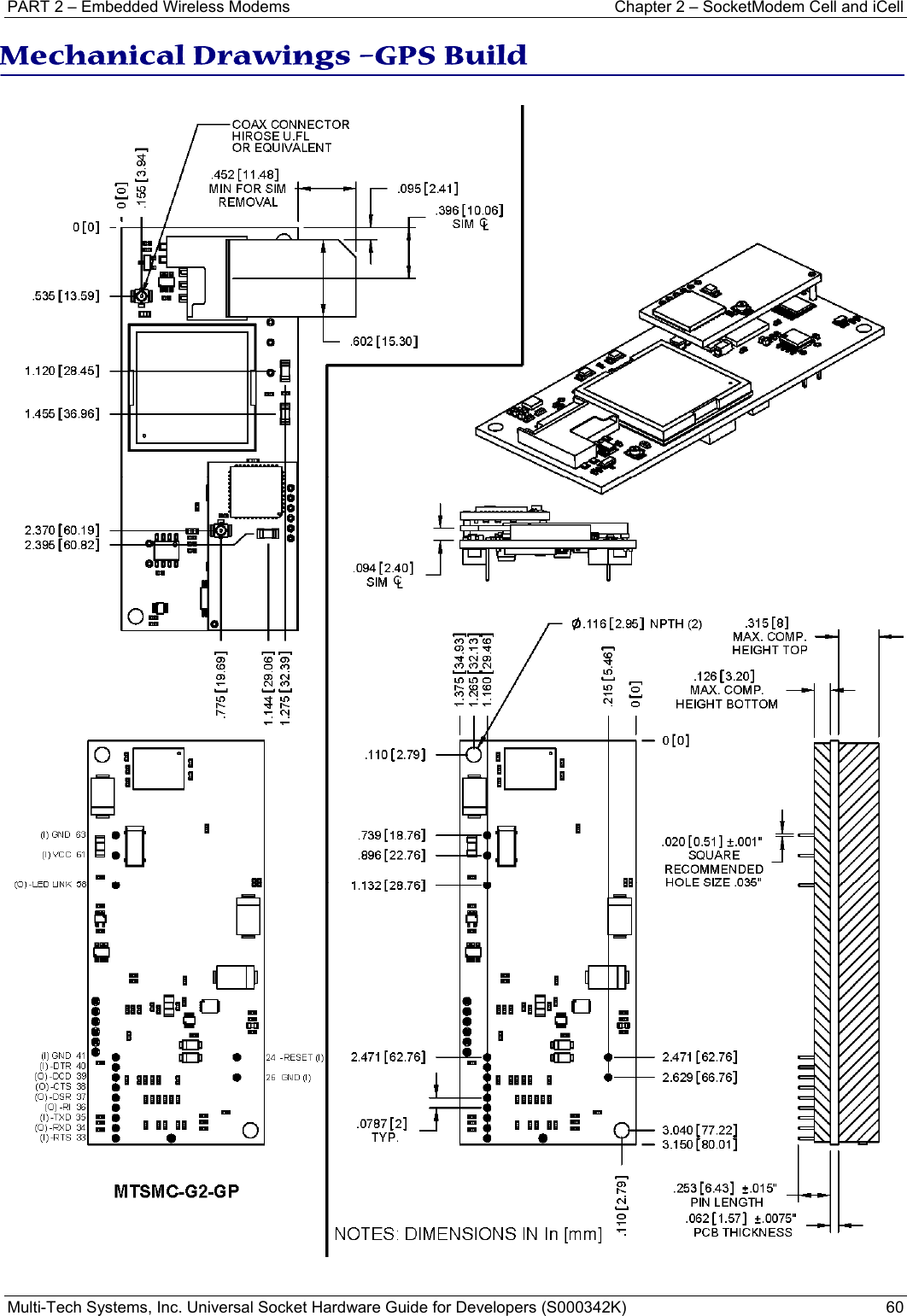 PART 2 – Embedded Wireless Modems   Chapter 2 – SocketModem Cell and iCell Multi-Tech Systems, Inc. Universal Socket Hardware Guide for Developers (S000342K)  60  Mechanical Drawings –GPS Build  