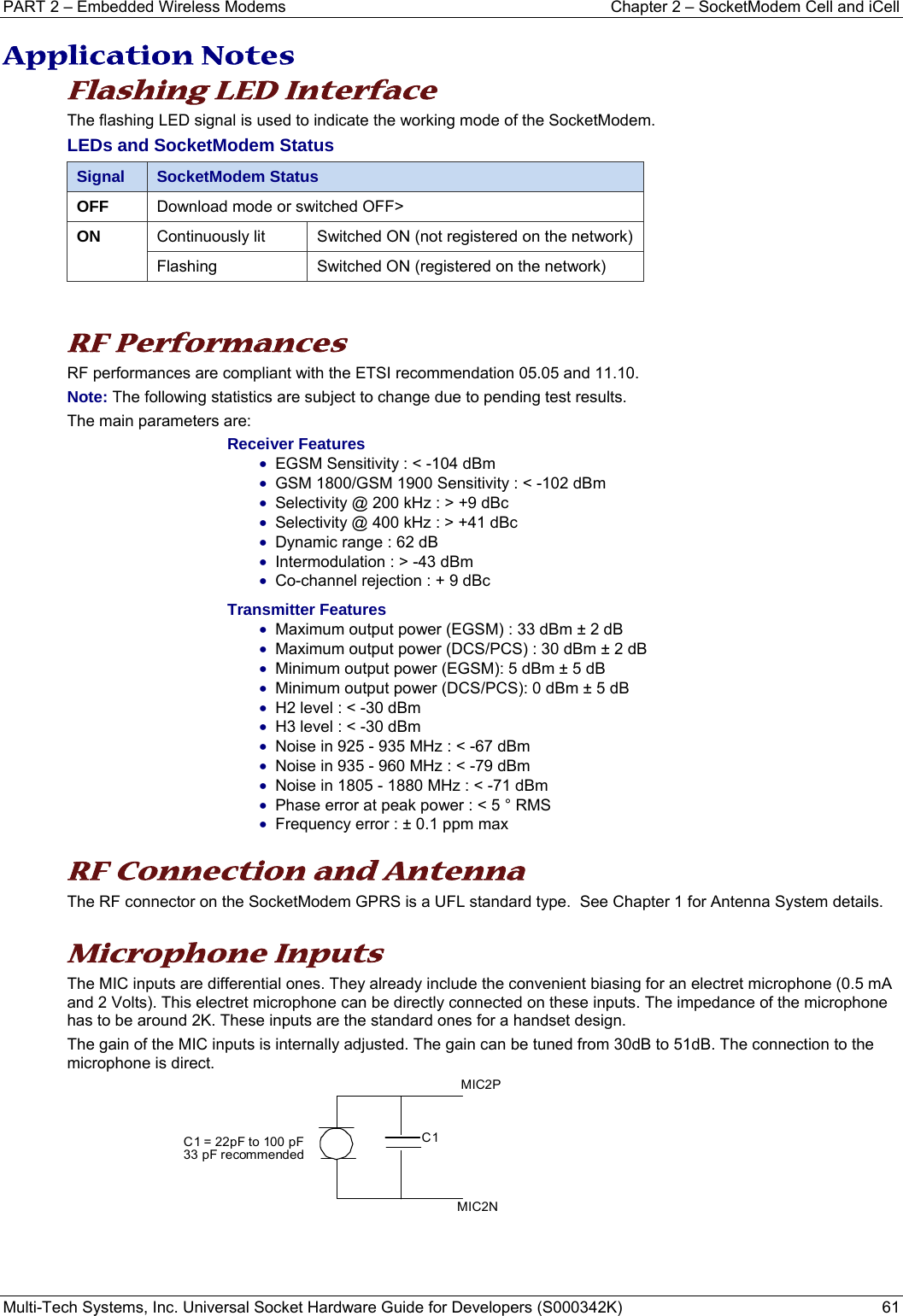 PART 2 – Embedded Wireless Modems   Chapter 2 – SocketModem Cell and iCell Multi-Tech Systems, Inc. Universal Socket Hardware Guide for Developers (S000342K)  61  Application Notes Flashing LED Interface The flashing LED signal is used to indicate the working mode of the SocketModem. LEDs and SocketModem Status Signal  SocketModem Status OFF  Download mode or switched OFF&gt; ON  Continuously lit  Switched ON (not registered on the network) Flashing  Switched ON (registered on the network)   RF Performances RF performances are compliant with the ETSI recommendation 05.05 and 11.10. Note: The following statistics are subject to change due to pending test results. The main parameters are: Receiver Features • EGSM Sensitivity : &lt; -104 dBm • GSM 1800/GSM 1900 Sensitivity : &lt; -102 dBm • Selectivity @ 200 kHz : &gt; +9 dBc • Selectivity @ 400 kHz : &gt; +41 dBc • Dynamic range : 62 dB • Intermodulation : &gt; -43 dBm • Co-channel rejection : + 9 dBc Transmitter Features • Maximum output power (EGSM) : 33 dBm ± 2 dB • Maximum output power (DCS/PCS) : 30 dBm ± 2 dB • Minimum output power (EGSM): 5 dBm ± 5 dB • Minimum output power (DCS/PCS): 0 dBm ± 5 dB • H2 level : &lt; -30 dBm • H3 level : &lt; -30 dBm • Noise in 925 - 935 MHz : &lt; -67 dBm • Noise in 935 - 960 MHz : &lt; -79 dBm • Noise in 1805 - 1880 MHz : &lt; -71 dBm • Phase error at peak power : &lt; 5 ° RMS • Frequency error : ± 0.1 ppm max  RF Connection and Antenna The RF connector on the SocketModem GPRS is a UFL standard type.  See Chapter 1 for Antenna System details.  Microphone Inputs  The MIC inputs are differential ones. They already include the convenient biasing for an electret microphone (0.5 mA and 2 Volts). This electret microphone can be directly connected on these inputs. The impedance of the microphone has to be around 2K. These inputs are the standard ones for a handset design. The gain of the MIC inputs is internally adjusted. The gain can be tuned from 30dB to 51dB. The connection to the microphone is direct.        MIC2NMIC2PC1C1 = 22pF to 100 pF33 pF recommended