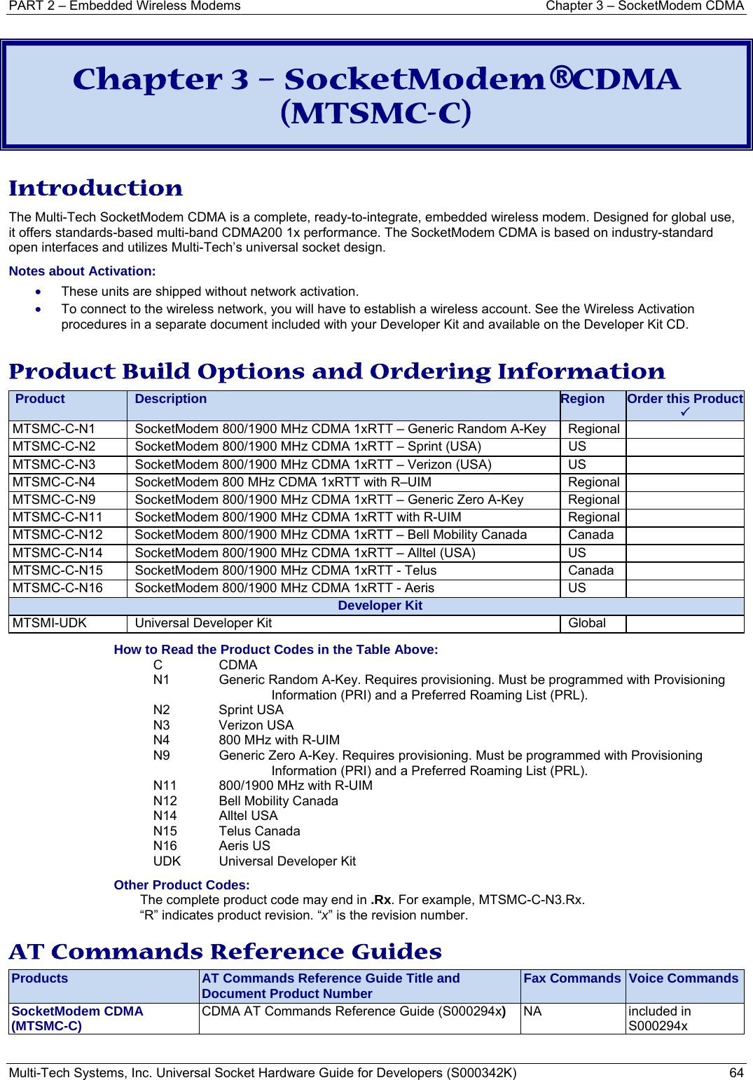 PART 2 – Embedded Wireless Modems  Chapter 3 – SocketModem CDMA  Multi-Tech Systems, Inc. Universal Socket Hardware Guide for Developers (S000342K)  64  Chapter 3 – SocketModem® CDMA (MTSMC-C)  Introduction The Multi-Tech SocketModem CDMA is a complete, ready-to-integrate, embedded wireless modem. Designed for global use, it offers standards-based multi-band CDMA200 1x performance. The SocketModem CDMA is based on industry-standard open interfaces and utilizes Multi-Tech’s universal socket design. Notes about Activation:  • These units are shipped without network activation.  • To connect to the wireless network, you will have to establish a wireless account. See the Wireless Activation procedures in a separate document included with your Developer Kit and available on the Developer Kit CD.  Product Build Options and Ordering Information Product  Description  Region  Order this Product3MTSMC-C-N1  SocketModem 800/1900 MHz CDMA 1xRTT – Generic Random A-Key  Regional   MTSMC-C-N2  SocketModem 800/1900 MHz CDMA 1xRTT – Sprint (USA)  US   MTSMC-C-N3  SocketModem 800/1900 MHz CDMA 1xRTT – Verizon (USA)    US   MTSMC-C-N4  SocketModem 800 MHz CDMA 1xRTT with R–UIM   Regional   MTSMC-C-N9  SocketModem 800/1900 MHz CDMA 1xRTT – Generic Zero A-Key  Regional   MTSMC-C-N11  SocketModem 800/1900 MHz CDMA 1xRTT with R-UIM    Regional   MTSMC-C-N12  SocketModem 800/1900 MHz CDMA 1xRTT – Bell Mobility Canada   Canada   MTSMC-C-N14  SocketModem 800/1900 MHz CDMA 1xRTT – Alltel (USA)  US   MTSMC-C-N15  SocketModem 800/1900 MHz CDMA 1xRTT - Telus  Canada MTSMC-C-N16  SocketModem 800/1900 MHz CDMA 1xRTT - Aeris  US   Developer KitMTSMI-UDK  Universal Developer Kit  Global How to Read the Product Codes in the Table Above: C CDMA N1  Generic Random A-Key. Requires provisioning. Must be programmed with Provisioning Information (PRI) and a Preferred Roaming List (PRL). N2 Sprint USA  N3  Verizon USA  N4  800 MHz with R-UIM  N9  Generic Zero A-Key. Requires provisioning. Must be programmed with Provisioning Information (PRI) and a Preferred Roaming List (PRL). N11  800/1900 MHz with R-UIM  N12  Bell Mobility Canada N14 Alltel USA N15 Telus Canada N16 Aeris US UDK  Universal Developer Kit Other Product Codes: The complete product code may end in .Rx. For example, MTSMC-C-N3.Rx.  “R” indicates product revision. “x” is the revision number. AT Commands Reference Guides Products  AT Commands Reference Guide Title and Document Product Number  Fax Commands  Voice CommandsSocketModem CDMA  (MTSMC-C)  CDMA AT Commands Reference Guide (S000294x) NA included in S000294x   