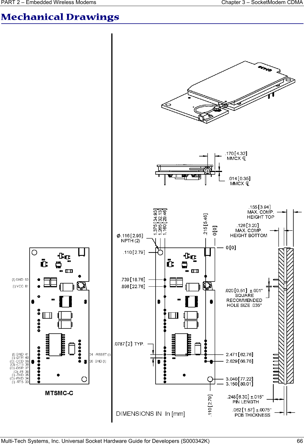 PART 2 – Embedded Wireless Modems  Chapter 3 – SocketModem CDMA  Multi-Tech Systems, Inc. Universal Socket Hardware Guide for Developers (S000342K)  66  Mechanical Drawings  