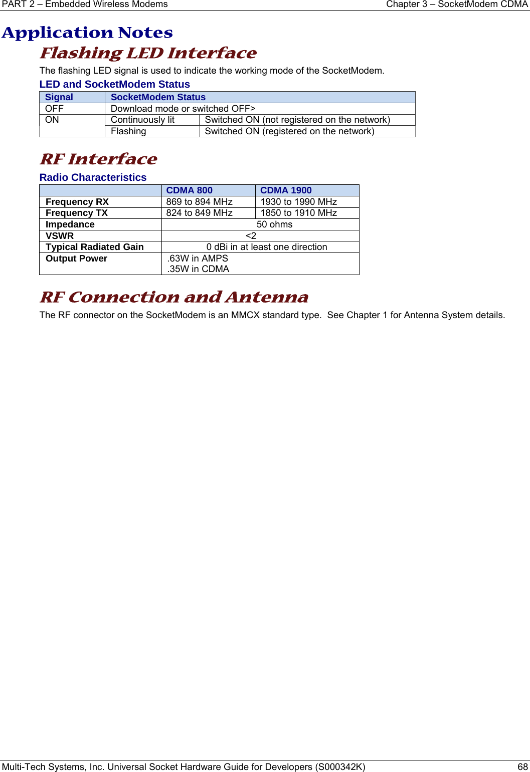 PART 2 – Embedded Wireless Modems  Chapter 3 – SocketModem CDMA  Multi-Tech Systems, Inc. Universal Socket Hardware Guide for Developers (S000342K)  68  Application Notes Flashing LED Interface The flashing LED signal is used to indicate the working mode of the SocketModem. LED and SocketModem Status Signal  SocketModem StatusOFF  Download mode or switched OFF&gt; ON  Continuously lit  Switched ON (not registered on the network) Flashing  Switched ON (registered on the network)  RF Interface Radio Characteristics  CDMA 800 CDMA 1900Frequency RX  869 to 894 MHz  1930 to 1990 MHz Frequency TX  824 to 849 MHz  1850 to 1910 MHz Impedance                             50 ohms VSWR                                &lt;2 Typical Radiated Gain                 0 dBi in at least one direction Output Power .63W in AMPS .35W in CDMA  RF Connection and Antenna The RF connector on the SocketModem is an MMCX standard type.  See Chapter 1 for Antenna System details.     