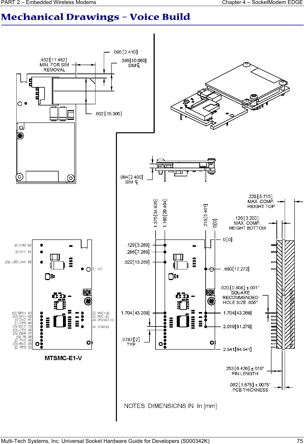 PART 2 – Embedded Wireless Modems  Chapter 4 – SocketModem EDGE Multi-Tech Systems, Inc. Universal Socket Hardware Guide for Developers (S000342K)  75  Mechanical Drawings – Voice Build  