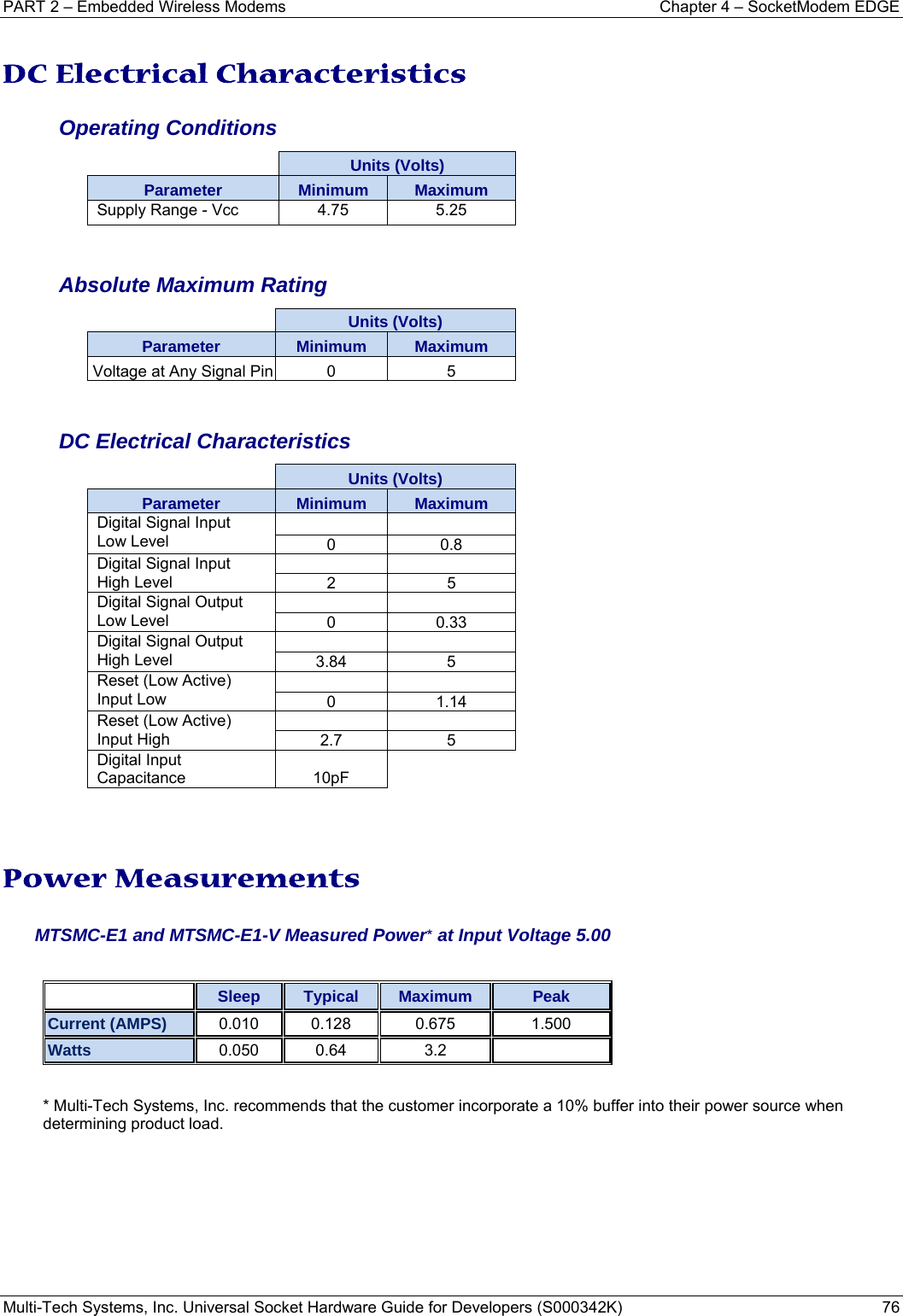 PART 2 – Embedded Wireless Modems  Chapter 4 – SocketModem EDGE Multi-Tech Systems, Inc. Universal Socket Hardware Guide for Developers (S000342K)  76   DC Electrical Characteristics  Operating Conditions Units (Volts) Parameter  Minimum  Maximum Supply Range - Vcc  4.75  5.25   Absolute Maximum Rating Units (Volts) Parameter  Minimum  Maximum Voltage at Any Signal Pin  0  5   DC Electrical Characteristics Units (Volts) Parameter  Minimum  Maximum Digital Signal Input  Low Level      0 0.8 Digital Signal Input High Level      2 5 Digital Signal Output Low Level      0 0.33 Digital Signal Output High Level      3.84 5 Reset (Low Active) Input Low      0 1.14 Reset (Low Active) Input High      2.7 5 Digital Input Capacitance 10pF    Power Measurements  MTSMC-E1 and MTSMC-E1-V Measured Power* at Input Voltage 5.00     Sleep  Typical  Maximum  Peak Current (AMPS) 0.010 0.128 0.675 1.500Watts 0.050 0.64 3.2   * Multi-Tech Systems, Inc. recommends that the customer incorporate a 10% buffer into their power source when determining product load.   