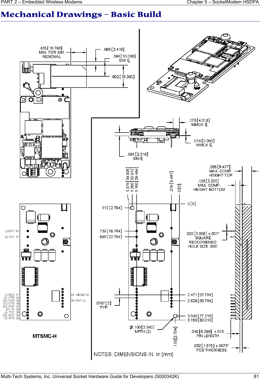 PART 2 – Embedded Wireless Modems  Chapter 5 – SocketModem HSDPA Multi-Tech Systems, Inc. Universal Socket Hardware Guide for Developers (S000342K)  81  Mechanical Drawings – Basic Build   