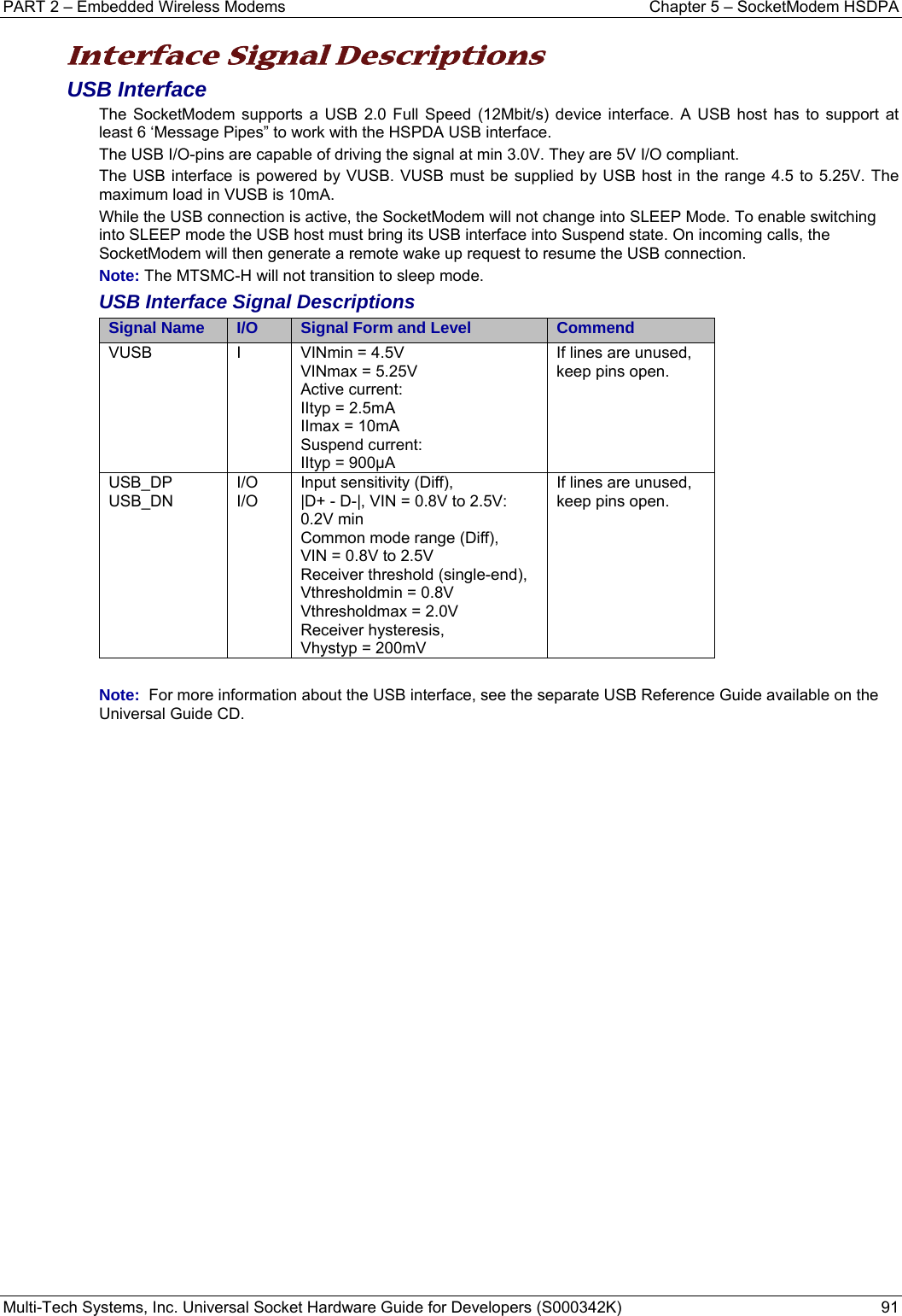 PART 2 – Embedded Wireless Modems  Chapter 5 – SocketModem HSDPA Multi-Tech Systems, Inc. Universal Socket Hardware Guide for Developers (S000342K)  91  Interface Signal Descriptions USB Interface  The SocketModem supports a USB 2.0 Full Speed (12Mbit/s) device interface. A USB host has to support at least 6 ‘Message Pipes” to work with the HSPDA USB interface.  The USB I/O-pins are capable of driving the signal at min 3.0V. They are 5V I/O compliant. The USB interface is powered by VUSB. VUSB must be supplied by USB host in the range 4.5 to 5.25V. The maximum load in VUSB is 10mA. While the USB connection is active, the SocketModem will not change into SLEEP Mode. To enable switching into SLEEP mode the USB host must bring its USB interface into Suspend state. On incoming calls, the SocketModem will then generate a remote wake up request to resume the USB connection.  Note: The MTSMC-H will not transition to sleep mode. USB Interface Signal Descriptions Signal Name  I/O  Signal Form and Level CommendVUSB  I  VINmin = 4.5V VINmax = 5.25V Active current: IItyp = 2.5mA IImax = 10mA Suspend current: IItyp = 900μA If lines are unused, keep pins open. USB_DP USB_DN I/O I/O Input sensitivity (Diff), |D+ - D-|, VIN = 0.8V to 2.5V: 0.2V min Common mode range (Diff), VIN = 0.8V to 2.5V Receiver threshold (single-end), Vthresholdmin = 0.8V Vthresholdmax = 2.0V Receiver hysteresis, Vhystyp = 200mV If lines are unused, keep pins open.  Note:  For more information about the USB interface, see the separate USB Reference Guide available on the Universal Guide CD.     