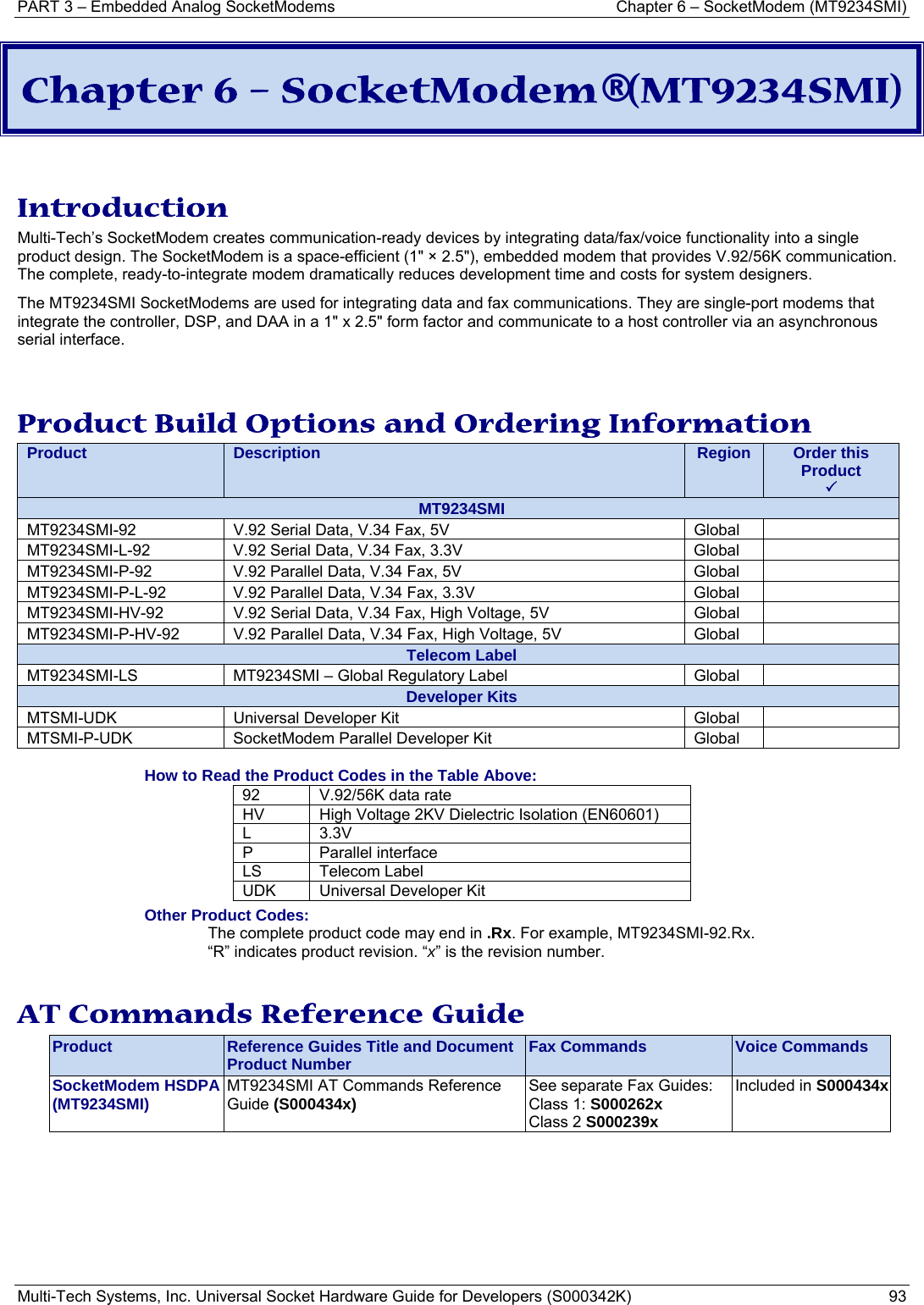 PART 3 – Embedded Analog SocketModems  Chapter 6 – SocketModem (MT9234SMI) Multi-Tech Systems, Inc. Universal Socket Hardware Guide for Developers (S000342K)  93  Chapter 6 – SocketModem® (MT9234SMI)   Introduction Multi-Tech’s SocketModem creates communication-ready devices by integrating data/fax/voice functionality into a single product design. The SocketModem is a space-efficient (1&quot; × 2.5&quot;), embedded modem that provides V.92/56K communication. The complete, ready-to-integrate modem dramatically reduces development time and costs for system designers.  The MT9234SMI SocketModems are used for integrating data and fax communications. They are single-port modems that integrate the controller, DSP, and DAA in a 1&quot; x 2.5&quot; form factor and communicate to a host controller via an asynchronous serial interface.   Product Build Options and Ordering Information Product  Description  Region  Order this Product 3MT9234SMI MT9234SMI-92  V.92 Serial Data, V.34 Fax, 5V  Global   MT9234SMI-L-92  V.92 Serial Data, V.34 Fax, 3.3V  Global   MT9234SMI-P-92  V.92 Parallel Data, V.34 Fax, 5V  Global   MT9234SMI-P-L-92  V.92 Parallel Data, V.34 Fax, 3.3V  Global   MT9234SMI-HV-92  V.92 Serial Data, V.34 Fax, High Voltage, 5V  Global   MT9234SMI-P-HV-92  V.92 Parallel Data, V.34 Fax, High Voltage, 5V  Global   Telecom Label MT9234SMI-LS  MT9234SMI – Global Regulatory Label  Global   Developer Kits MTSMI-UDK  Universal Developer Kit  Global   MTSMI-P-UDK  SocketModem Parallel Developer Kit  Global    How to Read the Product Codes in the Table Above: 92  V.92/56K data rate HV  High Voltage 2KV Dielectric Isolation (EN60601) L   3.3V P Parallel interface LS Telecom Label UDK  Universal Developer Kit Other Product Codes: The complete product code may end in .Rx. For example, MT9234SMI-92.Rx.   “R” indicates product revision. “x” is the revision number.  AT Commands Reference Guide Product  Reference Guides Title and Document Product Number  Fax Commands  Voice Commands SocketModem HSDPA (MT9234SMI)  MT9234SMI AT Commands Reference Guide (S000434x)  See separate Fax Guides: Class 1: S000262x Class 2 S000239x Included in S000434x  