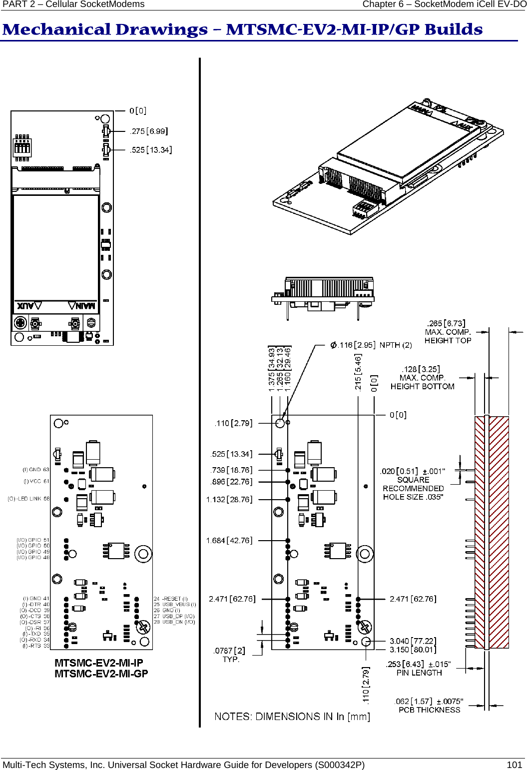 PART 2 – Cellular SocketModems Chapter 6 – SocketModem iCell EV-DO Multi-Tech Systems, Inc. Universal Socket Hardware Guide for Developers (S000342P)  101  Mechanical Drawings – MTSMC-EV2-MI-IP/GP Builds     