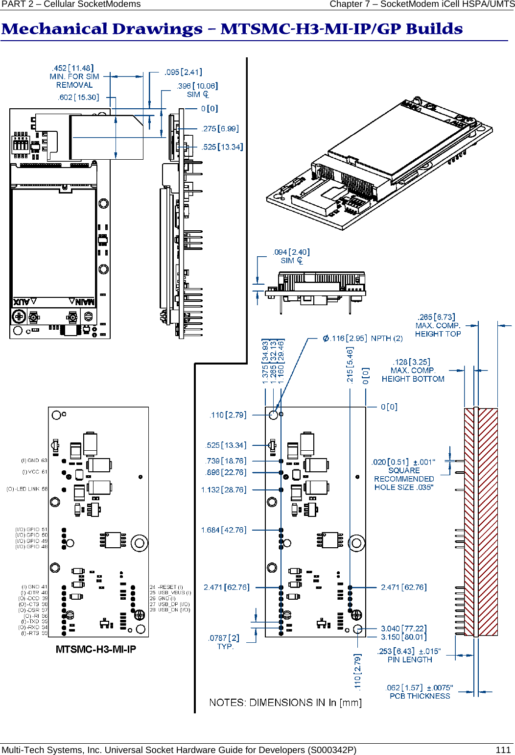 PART 2 – Cellular SocketModems Chapter 7 – SocketModem iCell HSPA/UMTS Multi-Tech Systems, Inc. Universal Socket Hardware Guide for Developers (S000342P)  111  Mechanical Drawings – MTSMC-H3-MI-IP/GP Builds  