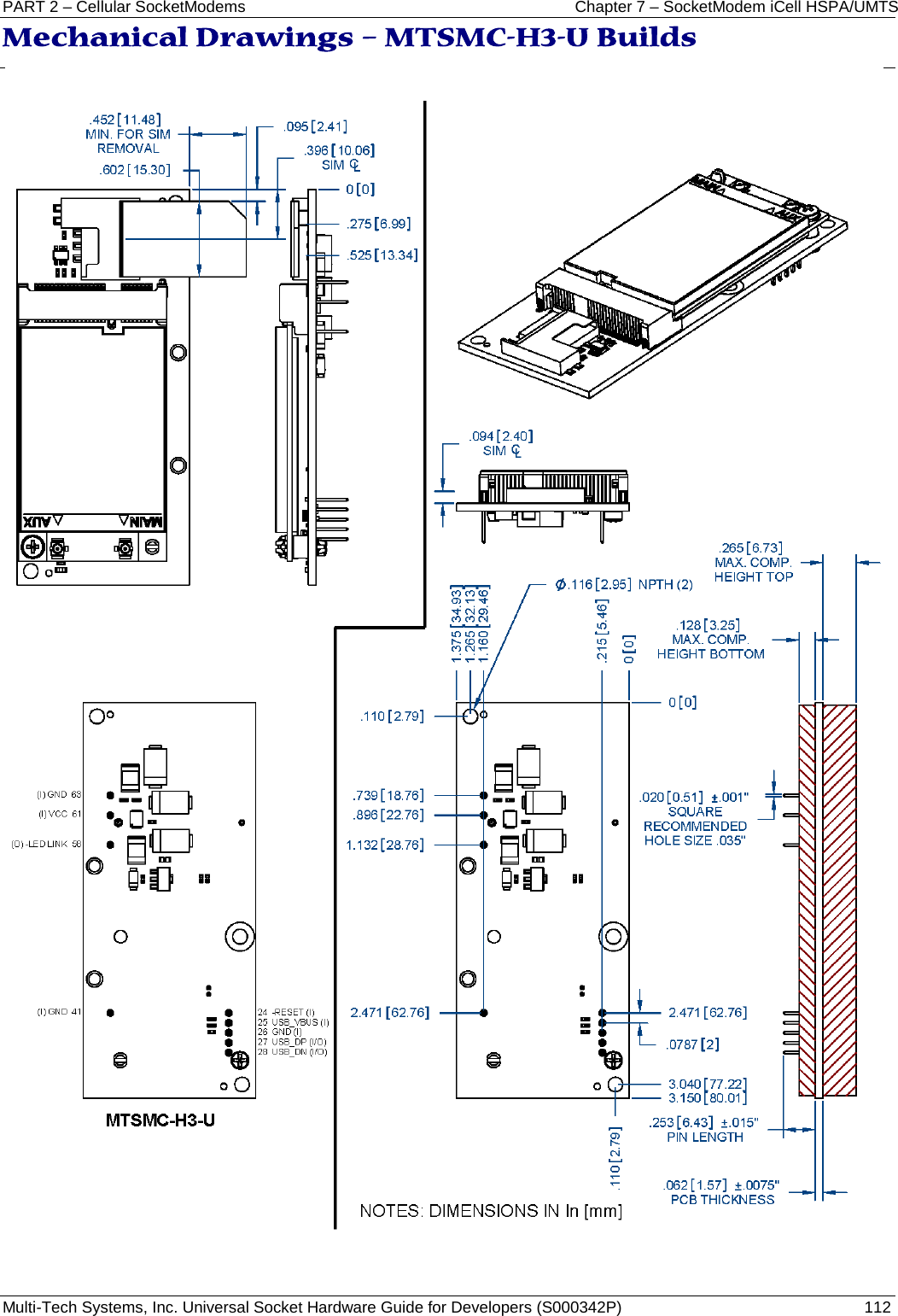 PART 2 – Cellular SocketModems Chapter 7 – SocketModem iCell HSPA/UMTS Multi-Tech Systems, Inc. Universal Socket Hardware Guide for Developers (S000342P)  112 Mechanical Drawings – MTSMC-H3-U Builds   