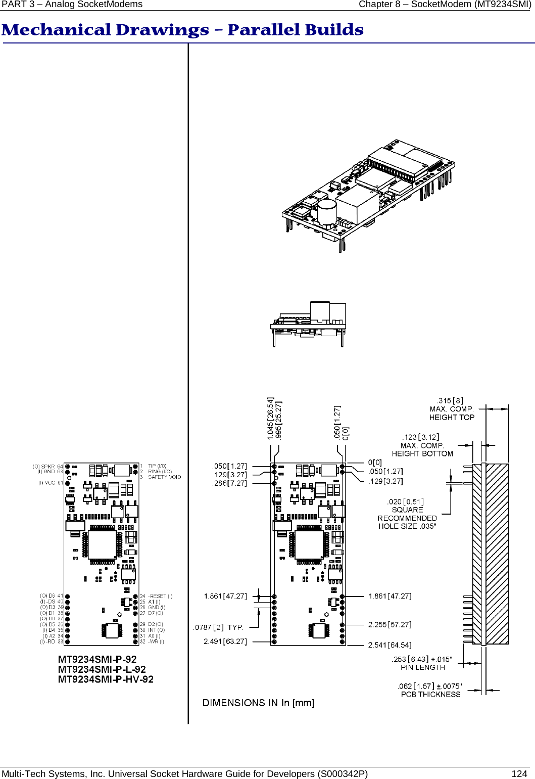 PART 3 – Analog SocketModems Chapter 8 – SocketModem (MT9234SMI) Multi-Tech Systems, Inc. Universal Socket Hardware Guide for Developers (S000342P)  124  Mechanical Drawings – Parallel Builds      