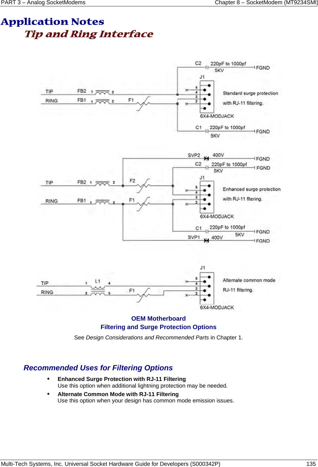 PART 3 – Analog SocketModems Chapter 8 – SocketModem (MT9234SMI) Multi-Tech Systems, Inc. Universal Socket Hardware Guide for Developers (S000342P)  135  Application Notes Tip and Ring Interface    OEM Motherboard Filtering and Surge Protection Options See Design Considerations and Recommended Parts in Chapter 1.   Recommended Uses for Filtering Options   Enhanced Surge Protection with RJ-11 Filtering Use this option when additional lightning protection may be needed.  Alternate Common Mode with RJ-11 Filtering Use this option when your design has common mode emission issues. 