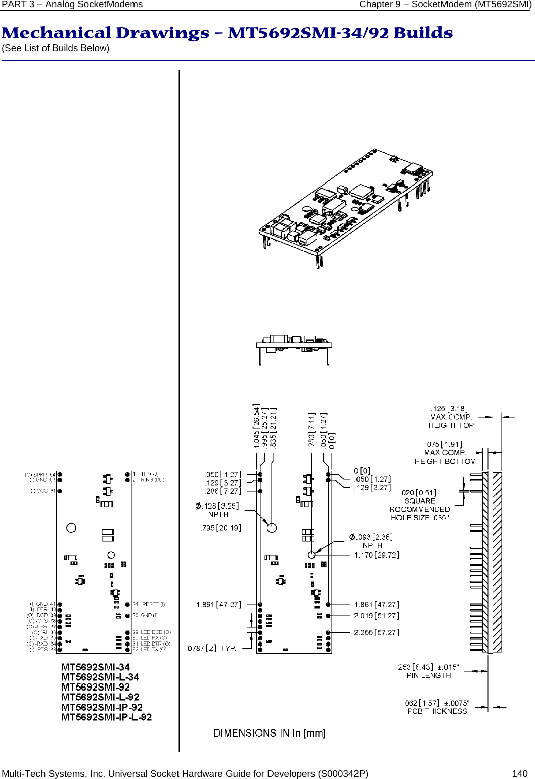 PART 3 – Analog SocketModems    Chapter 9 – SocketModem (MT5692SMI) Multi-Tech Systems, Inc. Universal Socket Hardware Guide for Developers (S000342P)  140  Mechanical Drawings – MT5692SMI-34/92 Builds  (See List of Builds Below)      