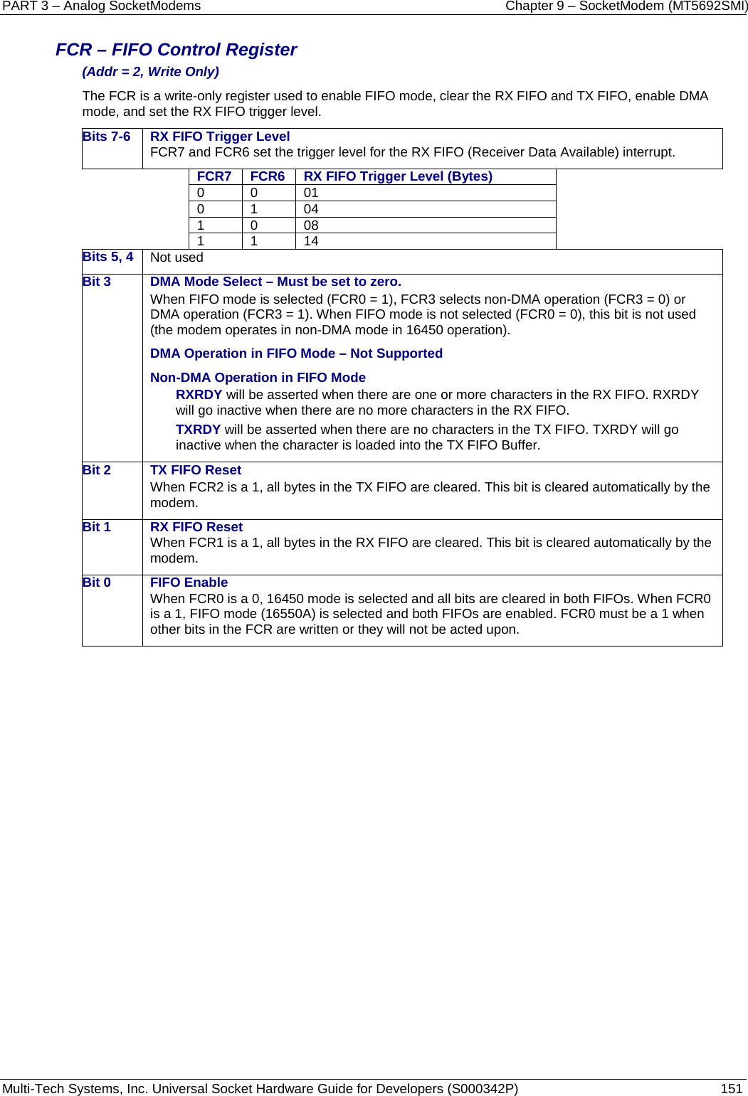 PART 3 – Analog SocketModems    Chapter 9 – SocketModem (MT5692SMI) Multi-Tech Systems, Inc. Universal Socket Hardware Guide for Developers (S000342P)  151  FCR – FIFO Control Register (Addr = 2, Write Only) The FCR is a write-only register used to enable FIFO mode, clear the RX FIFO and TX FIFO, enable DMA mode, and set the RX FIFO trigger level. Bits 7-6 RX FIFO Trigger Level FCR7 and FCR6 set the trigger level for the RX FIFO (Receiver Data Available) interrupt. FCR7 FCR6 RX FIFO Trigger Level (Bytes) 0 0 01 0 1 04 1 0 08 1 1 14 Bits 5, 4 Not used Bit 3 DMA Mode Select – Must be set to zero. When FIFO mode is selected (FCR0 = 1), FCR3 selects non-DMA operation (FCR3 = 0) or DMA operation (FCR3 = 1). When FIFO mode is not selected (FCR0 = 0), this bit is not used (the modem operates in non-DMA mode in 16450 operation). DMA Operation in FIFO Mode – Not Supported Non-DMA Operation in FIFO Mode RXRDY will be asserted when there are one or more characters in the RX FIFO. RXRDY will go inactive when there are no more characters in the RX FIFO. TXRDY will be asserted when there are no characters in the TX FIFO. TXRDY will go inactive when the character is loaded into the TX FIFO Buffer. Bit 2 TX FIFO Reset When FCR2 is a 1, all bytes in the TX FIFO are cleared. This bit is cleared automatically by the modem. Bit 1 RX FIFO Reset When FCR1 is a 1, all bytes in the RX FIFO are cleared. This bit is cleared automatically by the modem. Bit 0 FIFO Enable When FCR0 is a 0, 16450 mode is selected and all bits are cleared in both FIFOs. When FCR0 is a 1, FIFO mode (16550A) is selected and both FIFOs are enabled. FCR0 must be a 1 when other bits in the FCR are written or they will not be acted upon.     