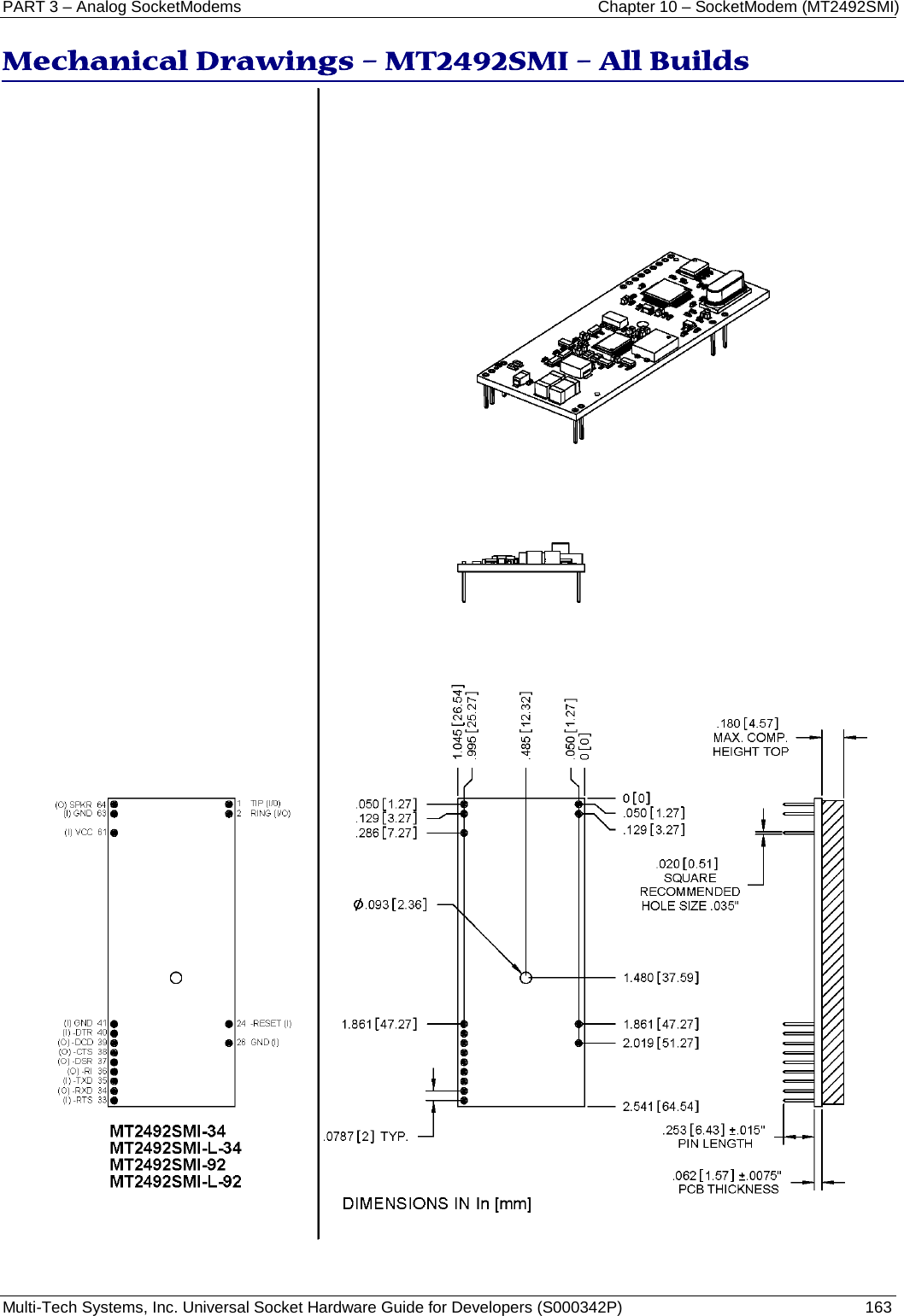 PART 3 – Analog SocketModems     Chapter 10 – SocketModem (MT2492SMI) Multi-Tech Systems, Inc. Universal Socket Hardware Guide for Developers (S000342P)  163  Mechanical Drawings – MT2492SMI – All Builds     