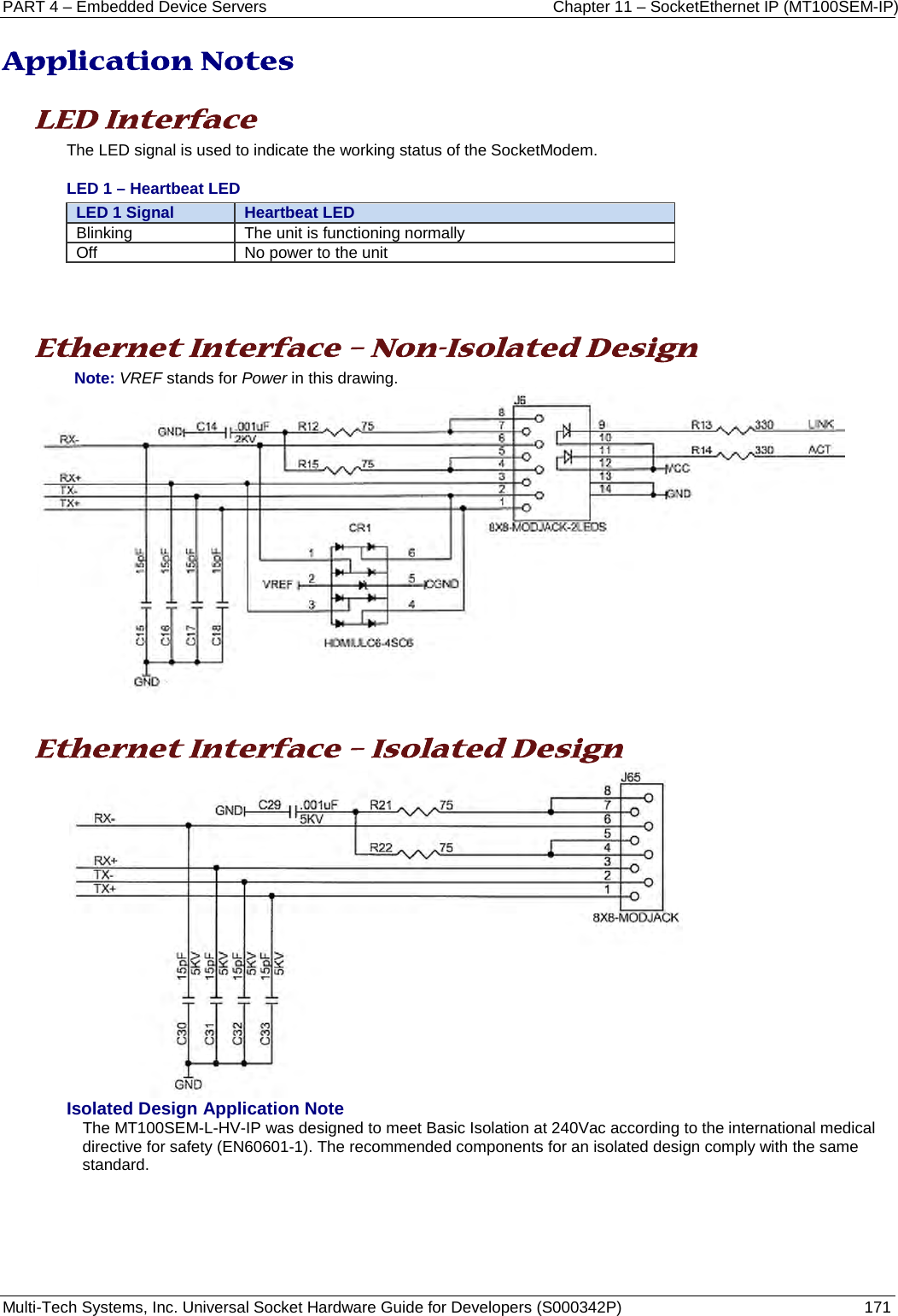 PART 4 – Embedded Device Servers Chapter 11 – SocketEthernet IP (MT100SEM-IP)  Multi-Tech Systems, Inc. Universal Socket Hardware Guide for Developers (S000342P)  171  Application Notes  LED Interface  The LED signal is used to indicate the working status of the SocketModem.  LED 1 – Heartbeat LED LED 1 Signal Heartbeat LED Blinking The unit is functioning normally Off No power to the unit    Ethernet Interface – Non-Isolated Design Note: VREF stands for Power in this drawing.    Ethernet Interface – Isolated Design  Isolated Design Application Note The MT100SEM-L-HV-IP was designed to meet Basic Isolation at 240Vac according to the international medical directive for safety (EN60601-1). The recommended components for an isolated design comply with the same standard.     