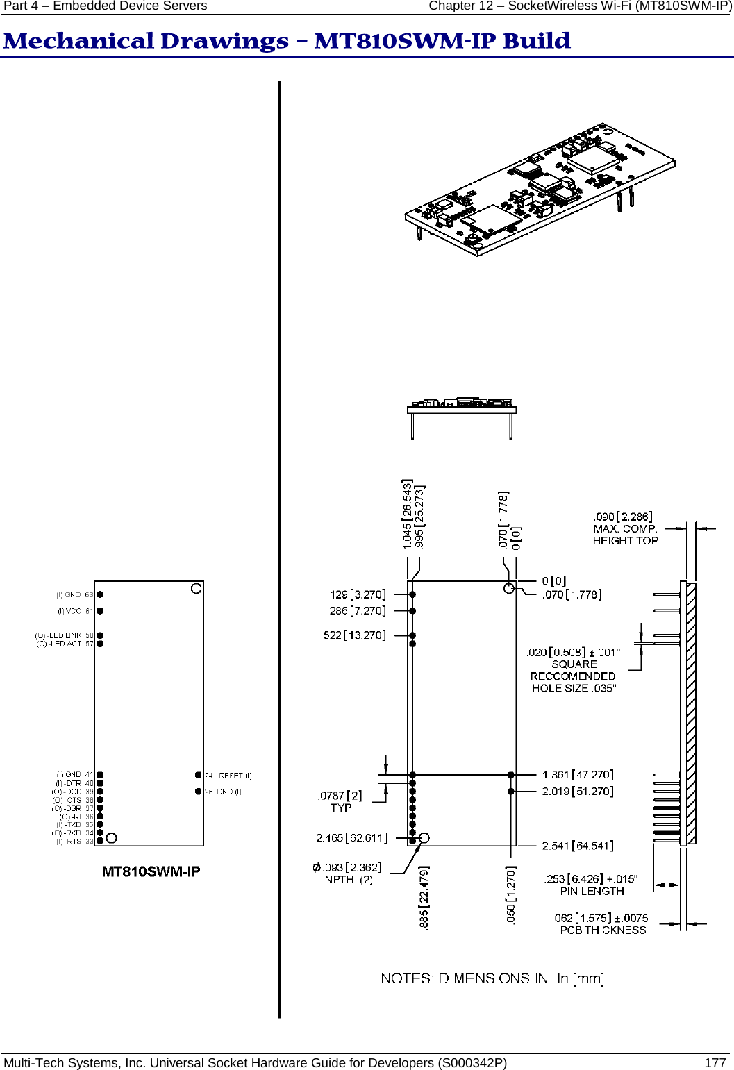 Part 4 – Embedded Device Servers Chapter 12 – SocketWireless Wi-Fi (MT810SWM-IP) Multi-Tech Systems, Inc. Universal Socket Hardware Guide for Developers (S000342P)  177  Mechanical Drawings – MT810SWM-IP Build  