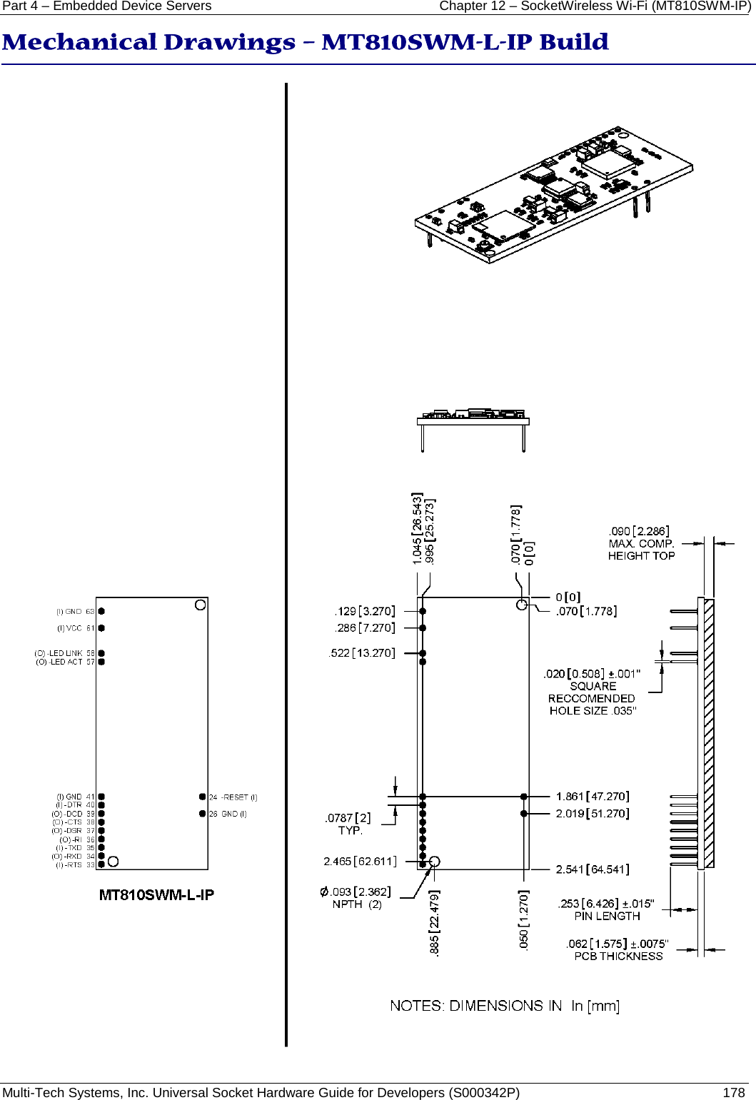 Part 4 – Embedded Device Servers Chapter 12 – SocketWireless Wi-Fi (MT810SWM-IP) Multi-Tech Systems, Inc. Universal Socket Hardware Guide for Developers (S000342P)  178  Mechanical Drawings – MT810SWM-L-IP Build  