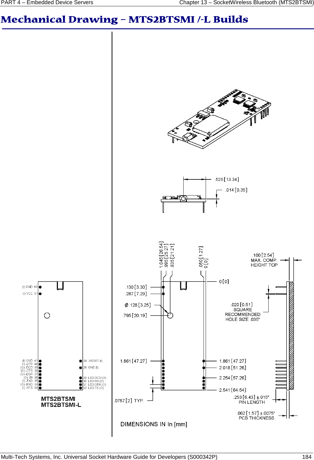 PART 4 – Embedded Device Servers Chapter 13 – SocketWireless Bluetooth (MTS2BTSMI) Multi-Tech Systems, Inc. Universal Socket Hardware Guide for Developers (S000342P)  184   Mechanical Drawing – MTS2BTSMI /-L Builds     