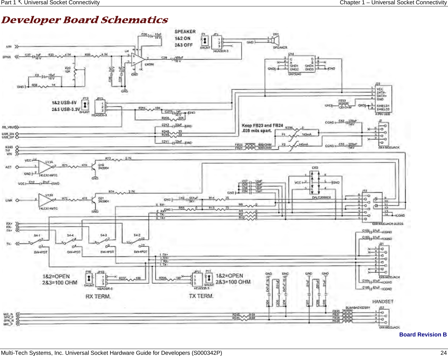 Part 1  Universal Socket Connectivity Chapter 1 – Universal Socket Connectivity Multi-Tech Systems, Inc. Universal Socket Hardware Guide for Developers (S000342P)  24  Developer Board Schematics   Board Revision B    