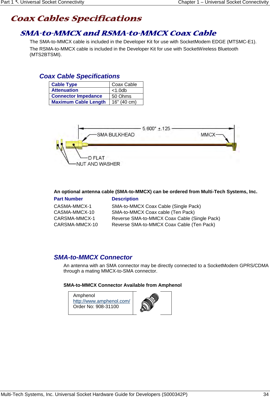 Part 1  Universal Socket Connectivity Chapter 1 – Universal Socket Connectivity Multi-Tech Systems, Inc. Universal Socket Hardware Guide for Developers (S000342P)  34  Coax Cables Specifications SMA-to-MMCX and RSMA-to-MMCX Coax Cable The SMA-to-MMCX cable is included in the Developer Kit for use with SocketModem EDGE (MTSMC-E1). The RSMA-to-MMCX cable is included in the Developer Kit for use with SocketWireless Bluetooth (MTS2BTSMI).   Coax Cable Specifications Cable Type Coax Cable Attenuation &lt;1.0db Connector Impedance 50 Ohms Maximum Cable Length 16&quot; (40 cm)        An optional antenna cable (SMA-to-MMCX) can be ordered from Multi-Tech Systems, Inc.  Part Number    Description CASMA-MMCX-1     SMA-to-MMCX Coax Cable (Single Pack) CASMA-MMCX-10     SMA-to-MMCX Coax cable (Ten Pack) CARSMA-MMCX-1    Reverse SMA-to-MMCX Coax Cable (Single Pack) CARSMA-MMCX-10    Reverse SMA-to-MMCX Coax Cable (Ten Pack)   SMA-to-MMCX Connector An antenna with an SMA connector may be directly connected to a SocketModem GPRS/CDMA through a mating MMCX-to-SMA connector.   SMA-to-MMCX Connector Available from Amphenol Amphenol  http://www.amphenol.com/ Order No: 908-31100      