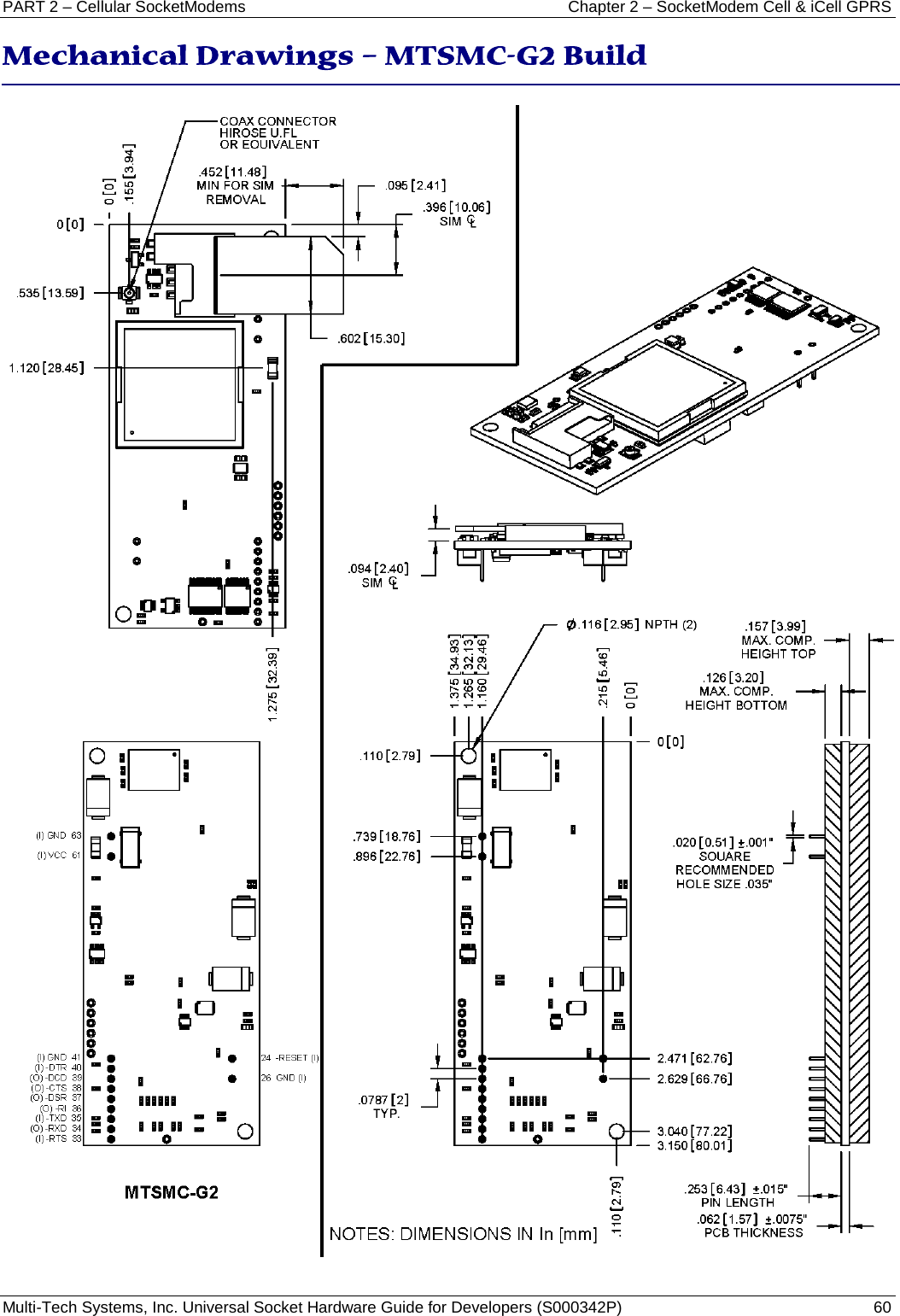 PART 2 – Cellular SocketModems  Chapter 2 – SocketModem Cell &amp; iCell GPRS Multi-Tech Systems, Inc. Universal Socket Hardware Guide for Developers (S000342P)  60  Mechanical Drawings – MTSMC-G2 Build   