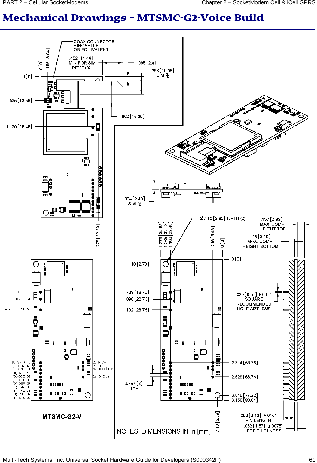 PART 2 – Cellular SocketModems  Chapter 2 – SocketModem Cell &amp; iCell GPRS Multi-Tech Systems, Inc. Universal Socket Hardware Guide for Developers (S000342P)  61   Mechanical Drawings – MTSMC-G2-Voice Build  