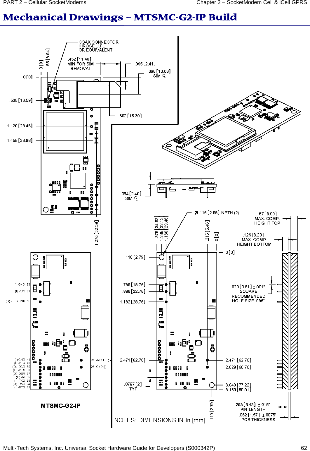 PART 2 – Cellular SocketModems  Chapter 2 – SocketModem Cell &amp; iCell GPRS Multi-Tech Systems, Inc. Universal Socket Hardware Guide for Developers (S000342P)  62  Mechanical Drawings – MTSMC-G2-IP Build 