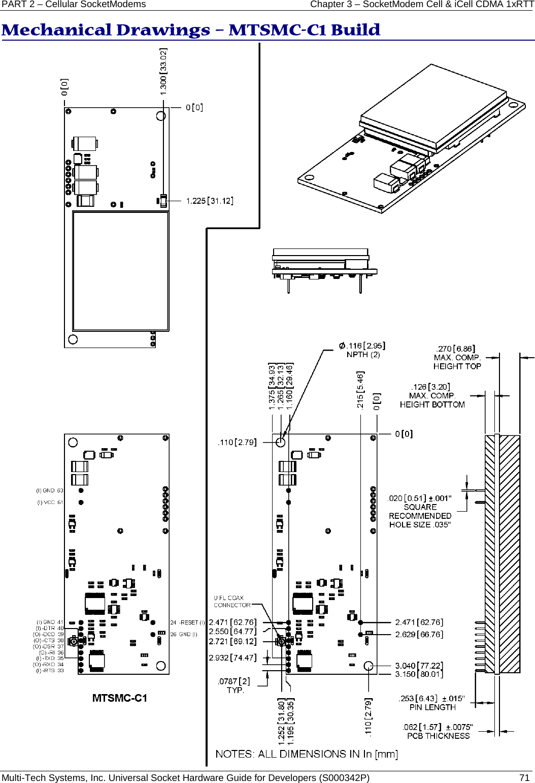 PART 2 – Cellular SocketModems Chapter 3 – SocketModem Cell &amp; iCell CDMA 1xRTT  Multi-Tech Systems, Inc. Universal Socket Hardware Guide for Developers (S000342P)  71  Mechanical Drawings – MTSMC-C1 Build   