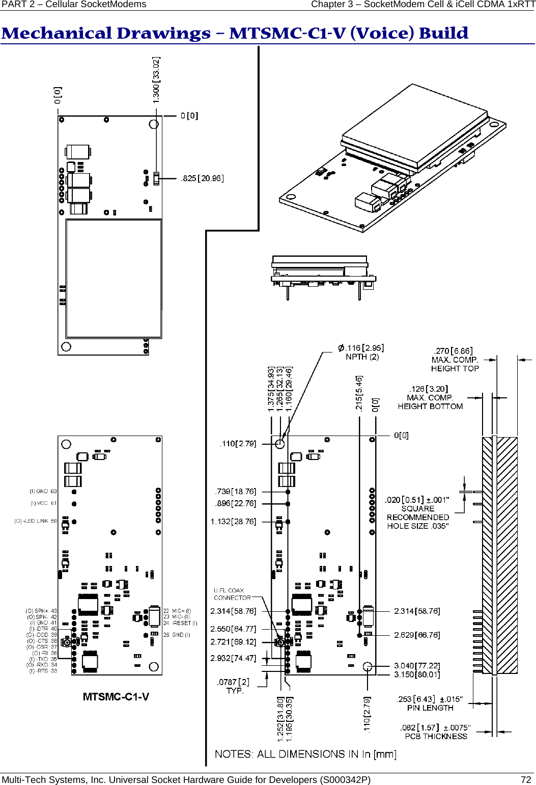 PART 2 – Cellular SocketModems Chapter 3 – SocketModem Cell &amp; iCell CDMA 1xRTT  Multi-Tech Systems, Inc. Universal Socket Hardware Guide for Developers (S000342P)  72  Mechanical Drawings – MTSMC-C1-V (Voice) Build   