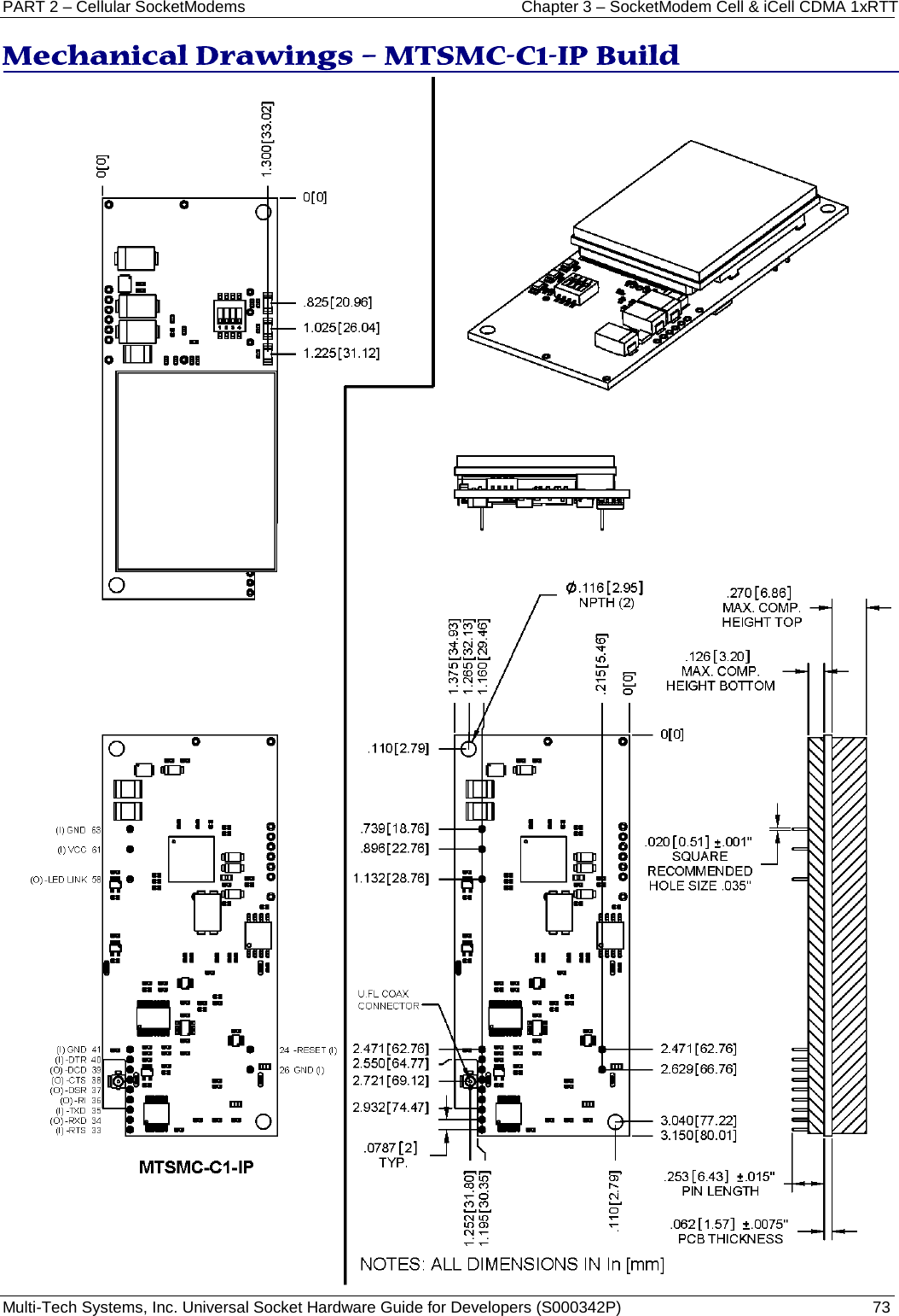 PART 2 – Cellular SocketModems Chapter 3 – SocketModem Cell &amp; iCell CDMA 1xRTT  Multi-Tech Systems, Inc. Universal Socket Hardware Guide for Developers (S000342P)  73  Mechanical Drawings – MTSMC-C1-IP Build  