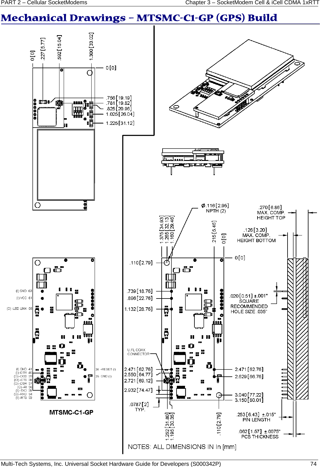 PART 2 – Cellular SocketModems Chapter 3 – SocketModem Cell &amp; iCell CDMA 1xRTT  Multi-Tech Systems, Inc. Universal Socket Hardware Guide for Developers (S000342P)  74  Mechanical Drawings – MTSMC-C1-GP (GPS) Build  