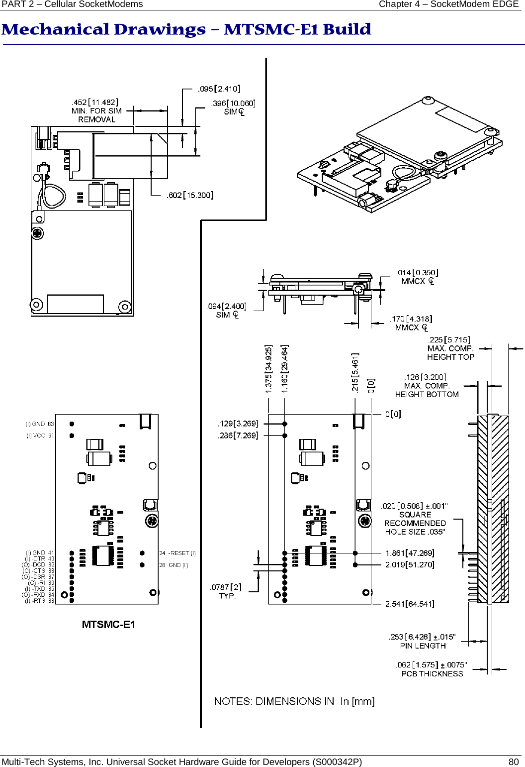 PART 2 – Cellular SocketModems Chapter 4 – SocketModem EDGE Multi-Tech Systems, Inc. Universal Socket Hardware Guide for Developers (S000342P)  80  Mechanical Drawings – MTSMC-E1 Build  