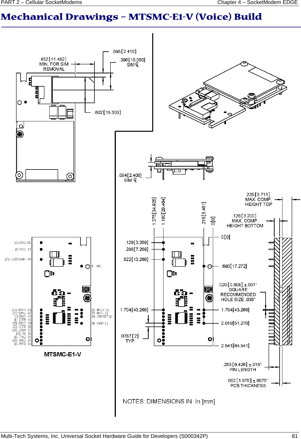 PART 2 – Cellular SocketModems Chapter 4 – SocketModem EDGE Multi-Tech Systems, Inc. Universal Socket Hardware Guide for Developers (S000342P)  81  Mechanical Drawings – MTSMC-E1-V (Voice) Build 
