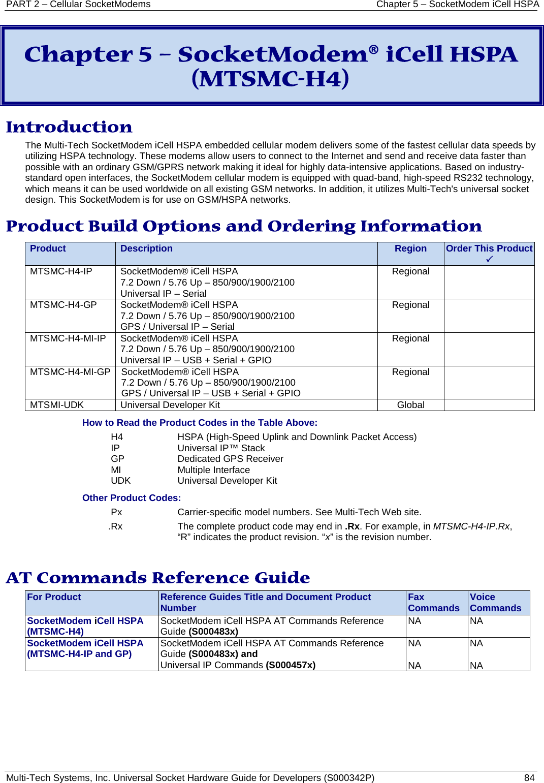 PART 2 – Cellular SocketModems Chapter 5 – SocketModem iCell HSPA Multi-Tech Systems, Inc. Universal Socket Hardware Guide for Developers (S000342P)  84  Chapter 5 – SocketModem® iCell HSPA (MTSMC-H4) Introduction The Multi-Tech SocketModem iCell HSPA embedded cellular modem delivers some of the fastest cellular data speeds by utilizing HSPA technology. These modems allow users to connect to the Internet and send and receive data faster than possible with an ordinary GSM/GPRS network making it ideal for highly data-intensive applications. Based on industry-standard open interfaces, the SocketModem cellular modem is equipped with quad-band, high-speed RS232 technology, which means it can be used worldwide on all existing GSM networks. In addition, it utilizes Multi-Tech&apos;s universal socket design. This SocketModem is for use on GSM/HSPA networks.  Product Build Options and Ordering Information Product Description Region Order This Product  MTSMC-H4-IP SocketModem® iCell HSPA  7.2 Down / 5.76 Up – 850/900/1900/2100 Universal IP – Serial Regional  MTSMC-H4-GP SocketModem® iCell HSPA  7.2 Down / 5.76 Up – 850/900/1900/2100 GPS / Universal IP – Serial Regional  MTSMC-H4-MI-IP SocketModem® iCell HSPA  7.2 Down / 5.76 Up – 850/900/1900/2100 Universal IP – USB + Serial + GPIO  Regional  MTSMC-H4-MI-GP SocketModem® iCell HSPA  7.2 Down / 5.76 Up – 850/900/1900/2100 GPS / Universal IP – USB + Serial + GPIO Regional   MTSMI-UDK Universal Developer Kit Global  How to Read the Product Codes in the Table Above: H4  HSPA (High-Speed Uplink and Downlink Packet Access) IP Universal IP™ Stack GP Dedicated GPS Receiver MI Multiple Interface UDK Universal Developer Kit Other Product Codes: Px  Carrier-specific model numbers. See Multi-Tech Web site. .Rx The complete product code may end in .Rx. For example, in MTSMC-H4-IP.Rx, “R” indicates the product revision. “x” is the revision number.  AT Commands Reference Guide For Product Reference Guides Title and Document Product Number Fax Commands Voice Commands SocketModem iCell HSPA (MTSMC-H4) SocketModem iCell HSPA AT Commands Reference Guide (S000483x) NA NA SocketModem iCell HSPA (MTSMC-H4-IP and GP) SocketModem iCell HSPA AT Commands Reference Guide (S000483x) and Universal IP Commands (S000457x) NA  NA NA  NA    