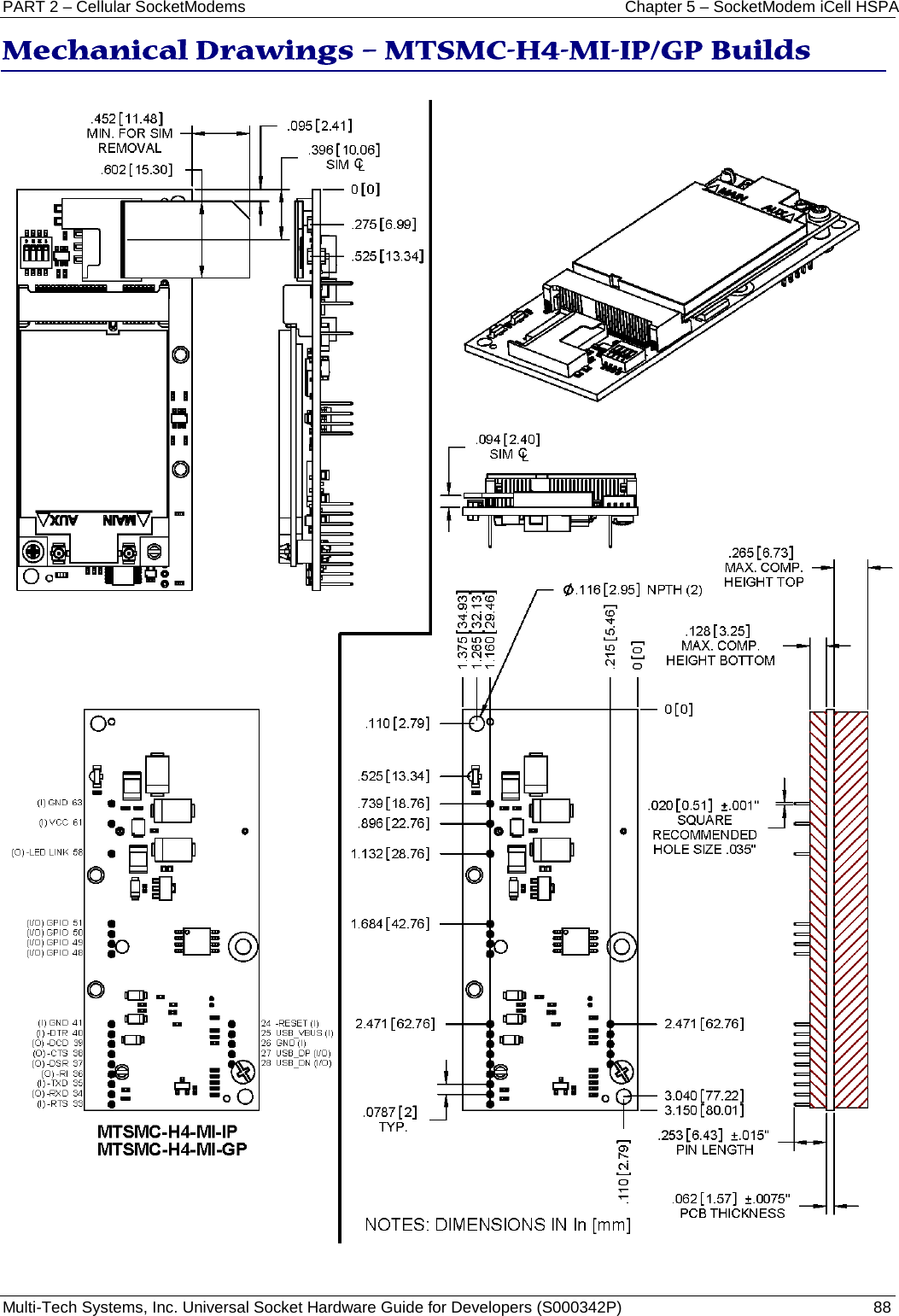 PART 2 – Cellular SocketModems Chapter 5 – SocketModem iCell HSPA Multi-Tech Systems, Inc. Universal Socket Hardware Guide for Developers (S000342P)  88  Mechanical Drawings – MTSMC-H4-MI-IP/GP Builds    