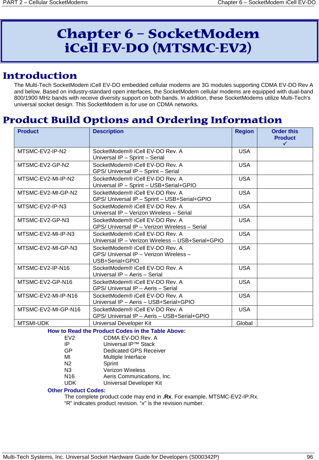 PART 2 – Cellular SocketModems Chapter 6 – SocketModem iCell EV-DO Multi-Tech Systems, Inc. Universal Socket Hardware Guide for Developers (S000342P)  96   Chapter 6 – SocketModem  iCell EV-DO (MTSMC-EV2) Introduction The Multi-Tech SocketModem iCell EV-DO embedded cellular modems are 3G modules supporting CDMA EV-DO Rev A and below. Based on industry-standard open interfaces, the SocketModem cellular modems are equipped with dual-band 800/1900 MHz bands with receive diversity support on both bands. In addition, these SocketModems utilize Multi-Tech&apos;s universal socket design. This SocketModem is for use on CDMA networks.  Product Build Options and Ordering Information Product Description Region Order this Product  MTSMC-EV2-IP-N2  SocketModem® iCell EV-DO Rev. A Universal IP – Sprint – Serial  USA   MTSMC-EV2-GP-N2  SocketModem® iCell EV-DO Rev. A GPS/ Universal IP – Sprint – Serial USA   MTSMC-EV2-MI-IP-N2  SocketModem® iCell EV-DO Rev. A Universal IP – Sprint – USB+Serial+GPIO USA   MTSMC-EV2-MI-GP-N2  SocketModem® iCell EV-DO Rev. A GPS/ Universal IP – Sprint – USB+Serial+GPIO USA   MTSMC-EV2-IP-N3 SocketModem® iCell EV-DO Rev. A Universal IP – Verizon Wireless – Serial USA   MTSMC-EV2-GP-N3 SocketModem® iCell EV-DO Rev. A GPS/ Universal IP – Verizon Wireless – Serial USA   MTSMC-EV2-MI-IP-N3 SocketModem® iCell EV-DO Rev. A Universal IP – Verizon Wireless – USB+Serial+GPIO USA   MTSMC-EV2-MI-GP-N3 SocketModem® iCell EV-DO Rev. A GPS/ Universal IP – Verizon Wireless – USB+Serial+GPIO USA   MTSMC-EV2-IP-N16  SocketModem® iCell EV-DO Rev. A Universal IP – Aeris – Serial USA   MTSMC-EV2-GP-N16 SocketModem® iCell EV-DO Rev. A GPS/ Universal IP – Aeris – Serial USA   MTSMC-EV2-MI-IP-N16 SocketModem® iCell EV-DO Rev. A Universal IP – Aeris – USB+Serial+GPIO USA   MTSMC-EV2-MI-GP-N16 SocketModem® iCell EV-DO Rev. A GPS/ Universal IP – Aeris – USB+Serial+GPIO USA   MTSMI-UDK Universal Developer Kit Global  How to Read the Product Codes in the Table Above: EV2  CDMA EV-DO Rev. A IP Universal IP™ Stack GP Dedicated GPS Receiver MI Multiple Interface N2  Sprint N3  Verizon Wireless N16  Aeris Communications, Inc. UDK Universal Developer Kit Other Product Codes: The complete product code may end in .Rx. For example, MTSMC-EV2-IP.Rx.  “R” indicates product revision. “x” is the revision number.    