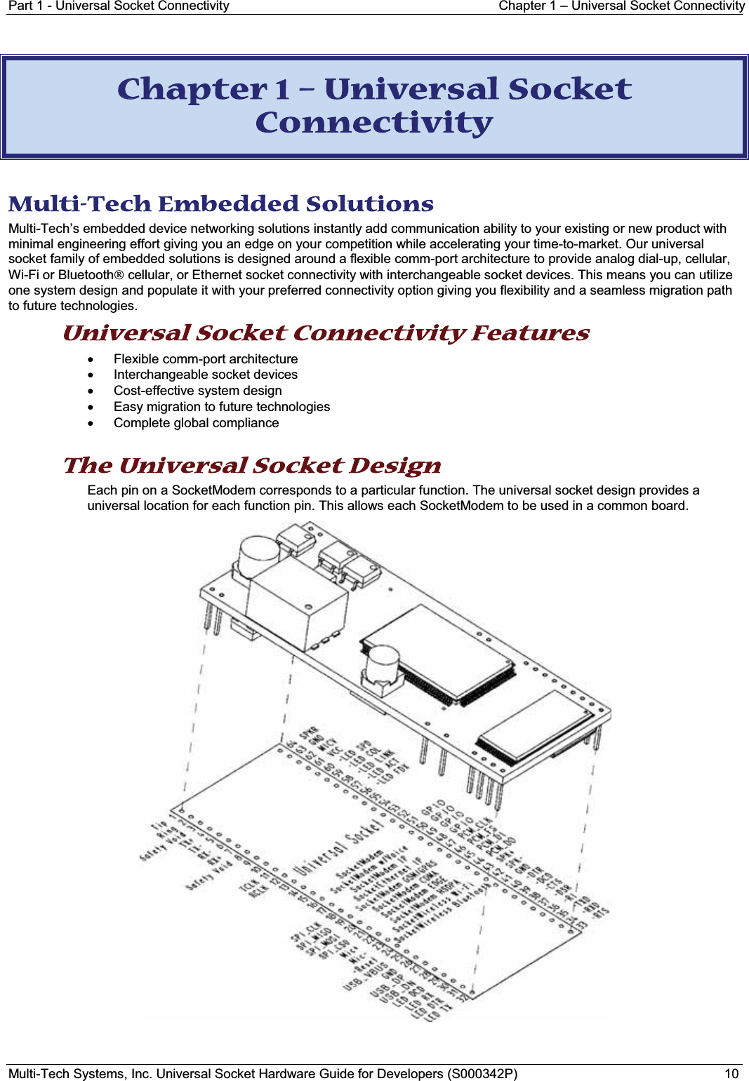 Part 1 - Universal Socket Connectivity Chapter 1 – Universal Socket ConnectivityMulti-Tech Systems, Inc. Universal Socket Hardware Guide for Developers (S000342P) 10CChapter 1 – Universal Socket Connectivity Multi-Tech Embedded Solutions Multi-Tech’s embedded device networking solutions instantly add communication ability to your existing or new product with minimal engineering effort giving you an edge on your competition while accelerating your time-to-market. Our universal socket family of embedded solutions is designed around a flexible comm-port architecture to provide analog dial-up, cellular, Wi-Fi or Bluetoothcellular, or Ethernet socket connectivity with interchangeable socket devices. This means you can utilize one system design and populate it with your preferred connectivity option giving you flexibility and a seamless migration path to future technologies. Universal Socket Connectivity Features xFlexible comm-port architecture xInterchangeable socket devicesxCost-effective system designxEasy migration to future technologiesxComplete global complianceThe Universal Socket Design  Each pin on a SocketModem corresponds to a particular function. The universal socket design provides a universal location for each function pin. This allows each SocketModem to be used in a common board.