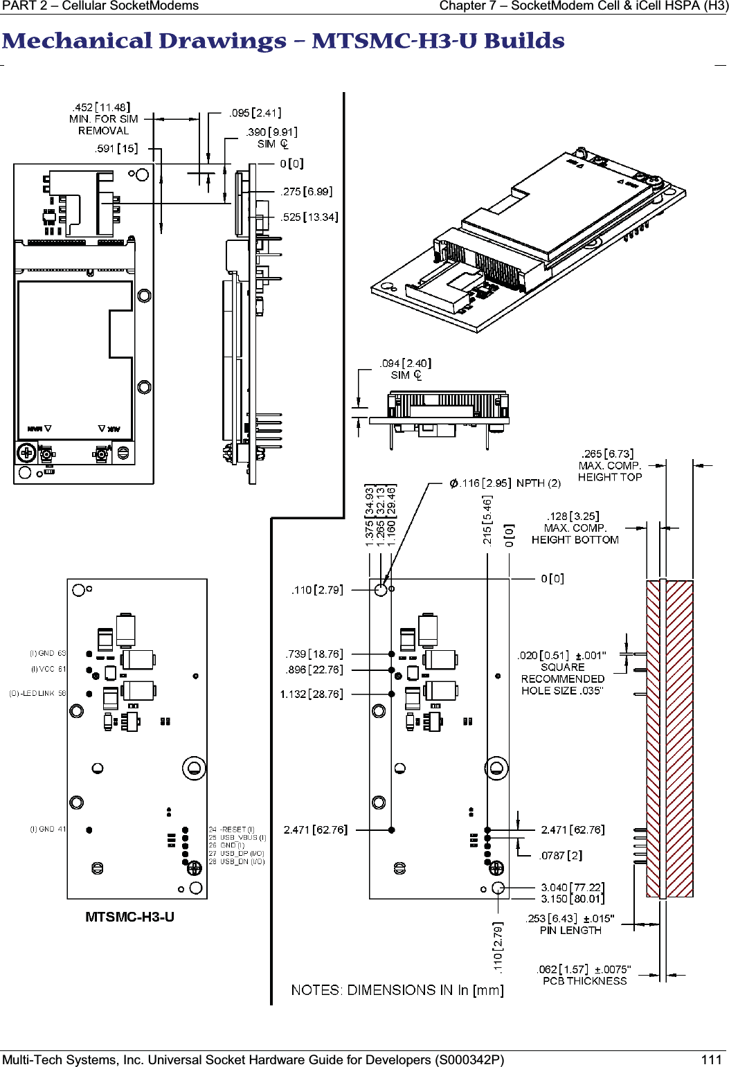 PART 2 – Cellular SocketModems Chapter 7 – SocketModem Cell &amp; iCell HSPA (H3)Multi-Tech Systems, Inc. Universal Socket Hardware Guide for Developers (S000342P) 111MMechanical Drawings – MTSMC-H3-U Builds  