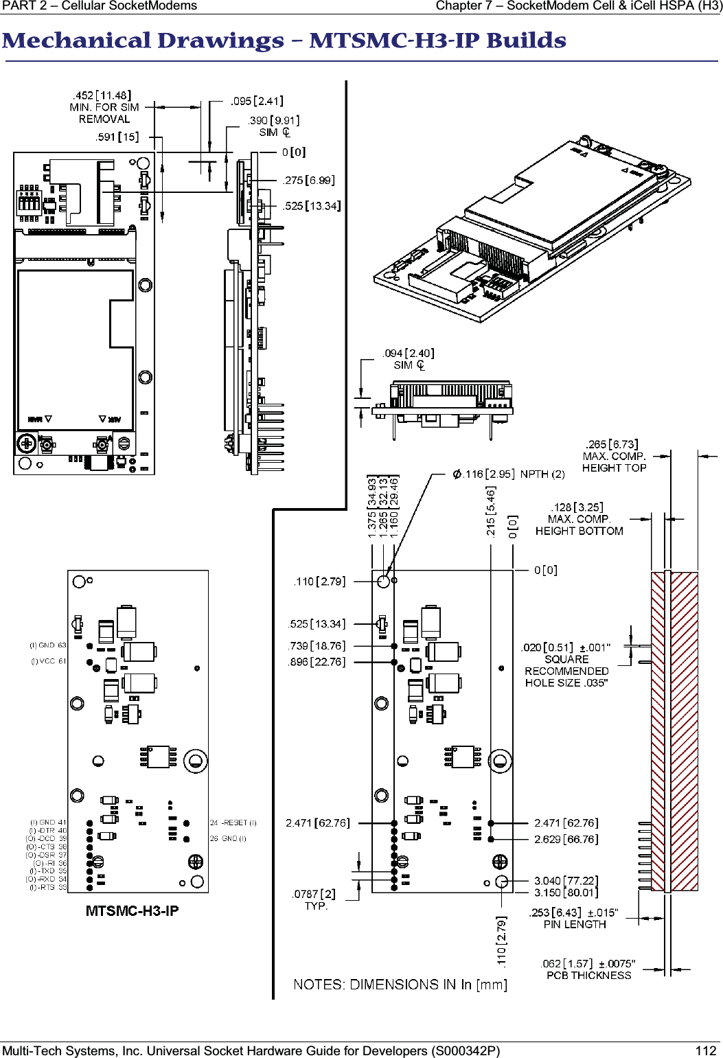 PART 2 – Cellular SocketModems Chapter 7 – SocketModem Cell &amp; iCell HSPA (H3)Multi-Tech Systems, Inc. Universal Socket Hardware Guide for Developers (S000342P) 112MMechanical Drawings – MTSMC-H3-IP Builds 