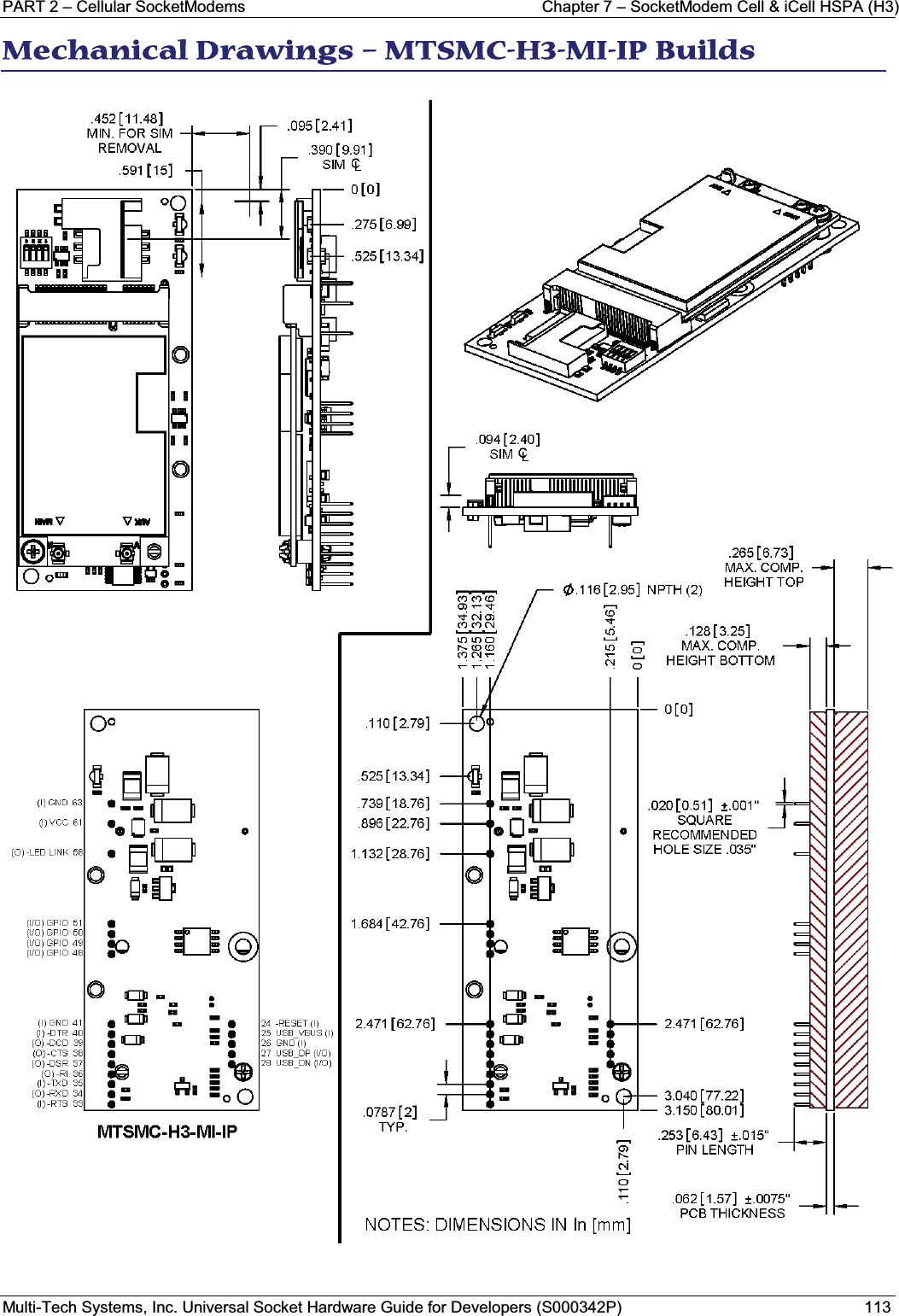 PART 2 – Cellular SocketModems Chapter 7 – SocketModem Cell &amp; iCell HSPA (H3)Multi-Tech Systems, Inc. Universal Socket Hardware Guide for Developers (S000342P) 113MMechanical Drawings – MTSMC-H3-MI-IP Builds 