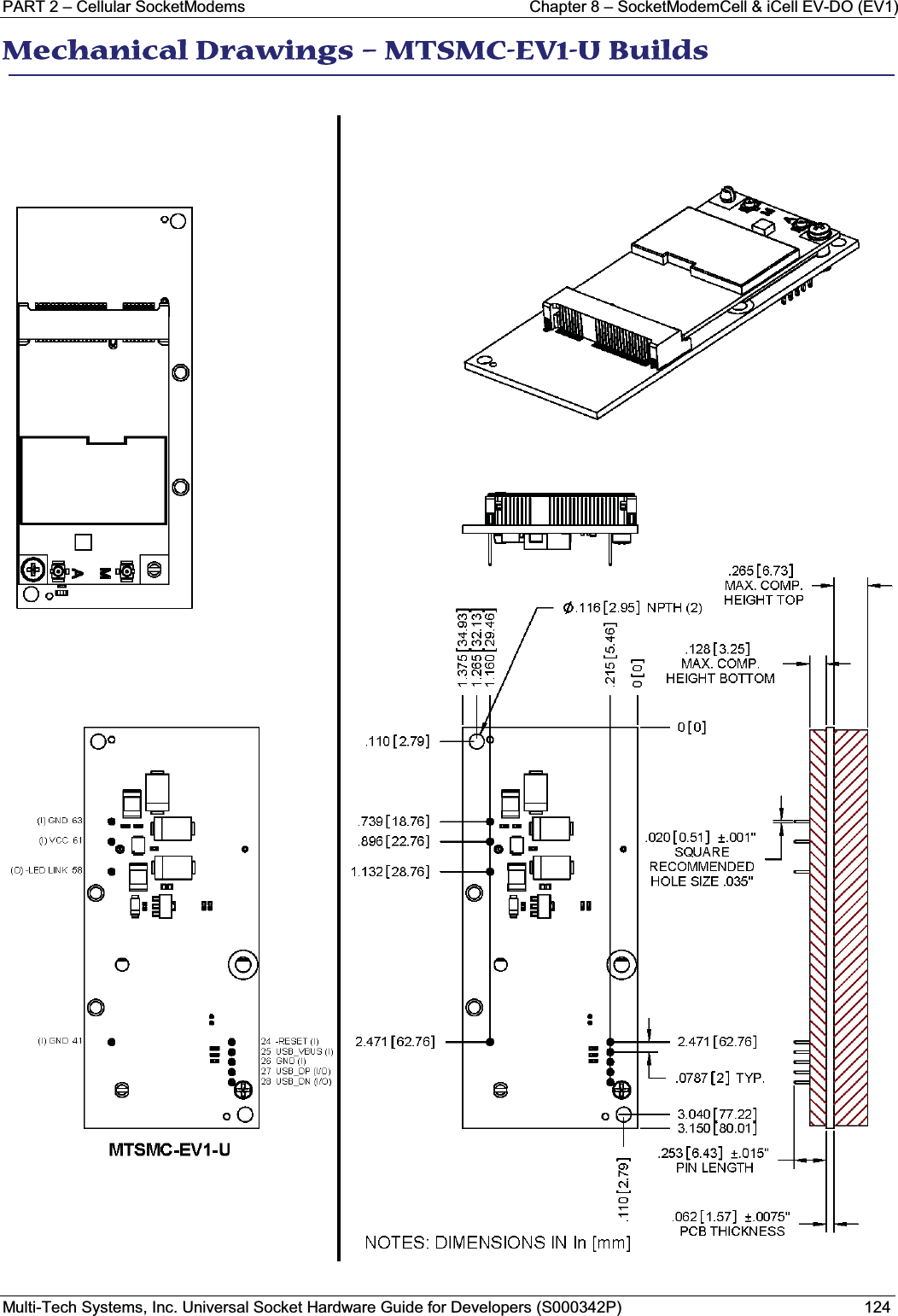 PART 2 – Cellular SocketModems Chapter 8 – SocketModemCell &amp; iCell EV-DO (EV1)Multi-Tech Systems, Inc. Universal Socket Hardware Guide for Developers (S000342P) 124MMechanical Drawings – MTSMC-EV1-U Builds 