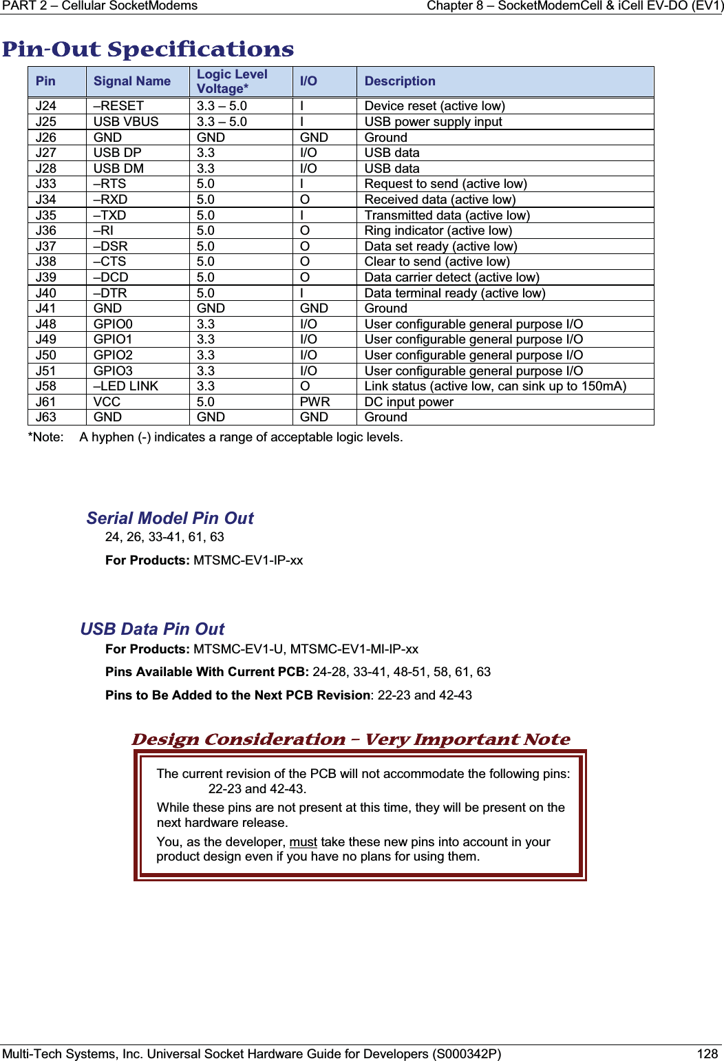 PART 2 – Cellular SocketModems Chapter 8 – SocketModemCell &amp; iCell EV-DO (EV1)Multi-Tech Systems, Inc. Universal Socket Hardware Guide for Developers (S000342P) 128PPin-Out Specifications  Pin Signal Name Logic Level Voltage* I/O DescriptionJ24 –RESET 3.3 – 5.0 I Device reset (active low)J25 USB VBUS 3.3 – 5.0 I USB power supply inputJ26 GND GND GND GroundJ27 USB DP 3.3 I/O USB dataJ28 USB DM 3.3 I/O USB dataJ33 –RTS 5.0 I Request to send (active low)J34 –RXD 5.0 O Received data (active low)J35 –TXD 5.0 I Transmitted data (active low)J36 –RI 5.0 O Ring indicator (active low)J37 –DSR 5.0 O Data set ready (active low)J38 –CTS 5.0 O Clear to send (active low)J39 –DCD 5.0 O Data carrier detect (active low)J40 –DTR 5.0 I Data terminal ready (active low)J41 GND GND GND GroundJ48 GPIO0 3.3 I/O User configurable general purpose I/OJ49 GPIO1 3.3 I/O User configurable general purpose I/OJ50 GPIO2 3.3 I/O User configurable general purpose I/OJ51 GPIO3 3.3 I/O User configurable general purpose I/OJ58 –LED LINK 3.3 O Link status (active low, can sink up to 150mA)J61 VCC 5.0 PWR DC input powerJ63 GND GND GND Ground*Note: A hyphen (-) indicates a range of acceptable logic levels.Serial Model Pin Out24, 26, 33-41, 61, 63For Products: MTSMC-EV1-IP-xxUSB Data Pin OutFor Products: MTSMC-EV1-U, MTSMC-EV1-MI-IP-xxPins Available With Current PCB: 24-28, 33-41, 48-51, 58, 61, 63Pins to Be Added to the Next PCB Revision: 22-23 and 42-43Design Consideration – Very Important Note The current revision of the PCB will not accommodate the following pins: 22-23 and 42-43. While these pins are not present at this time, they will be present on the next hardware release. You, as the developer, must take these new pins into account in your product design even if you have no plans for using them.