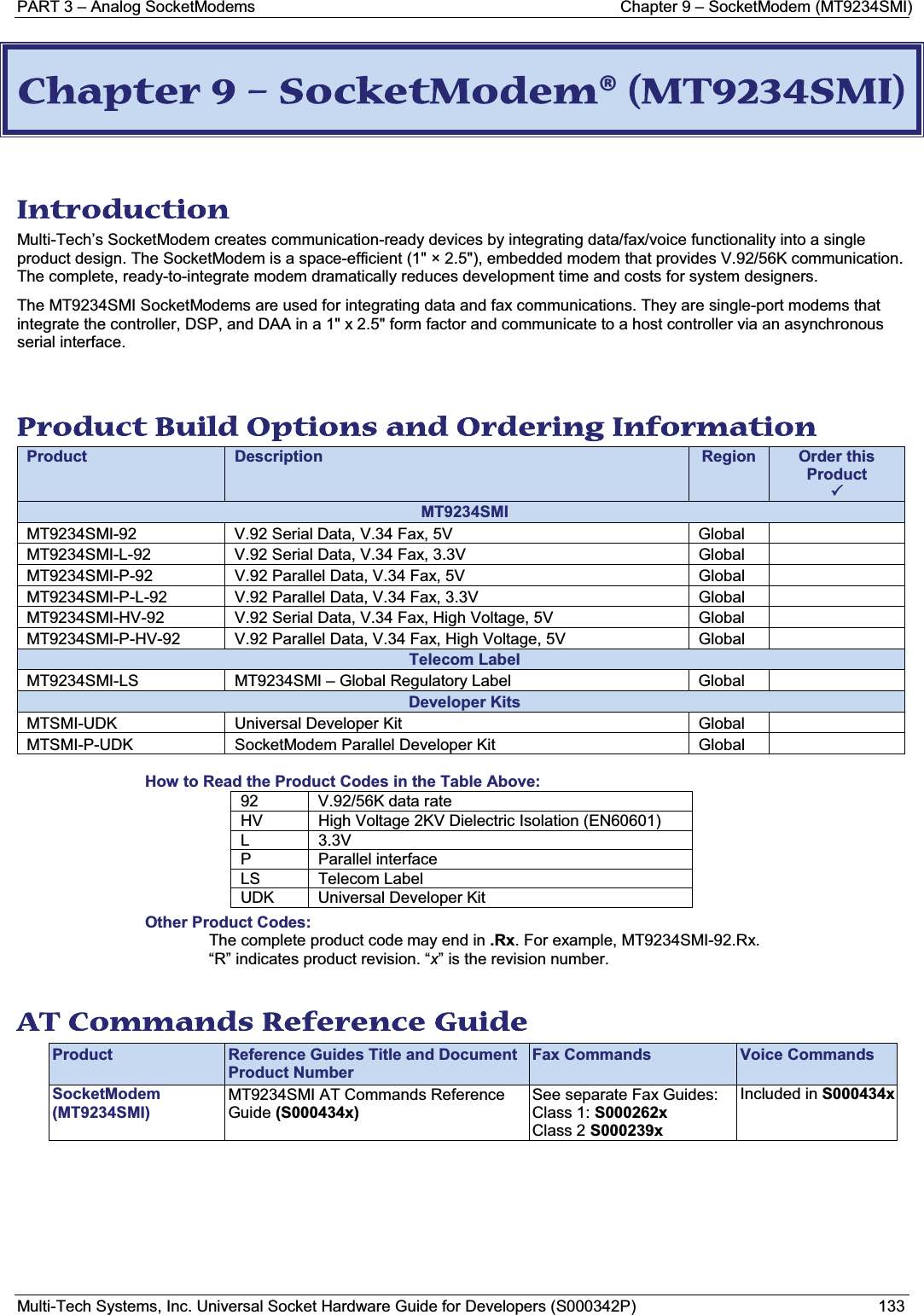 PART 3 – Analog SocketModems Chapter 9 – SocketModem (MT9234SMI)Multi-Tech Systems, Inc. Universal Socket Hardware Guide for Developers (S000342P) 133CChapter 9 – SocketModem® (MT9234SMI) Introduction Multi-Tech’s SocketModem creates communication-ready devices by integrating data/fax/voice functionality into a single product design. The SocketModem is a space-efficient (1&quot; × 2.5&quot;), embedded modem that provides V.92/56K communication. The complete, ready-to-integrate modem dramatically reduces development time and costs for system designers. The MT9234SMI SocketModems are used for integrating data and fax communications. They are single-port modems that integrate the controller, DSP, and DAA in a 1&quot; x 2.5&quot; form factor and communicate to a host controller via an asynchronous serial interface.Product Build Options and Ordering Information Product Description Region Order this Product3MT9234SMIMT9234SMI-92 V.92 Serial Data, V.34 Fax, 5V GlobalMT9234SMI-L-92 V.92 Serial Data, V.34 Fax, 3.3V GlobalMT9234SMI-P-92 V.92 Parallel Data, V.34 Fax, 5V GlobalMT9234SMI-P-L-92 V.92 Parallel Data, V.34 Fax, 3.3V GlobalMT9234SMI-HV-92 V.92 Serial Data, V.34 Fax, High Voltage, 5V GlobalMT9234SMI-P-HV-92 V.92 Parallel Data, V.34 Fax, High Voltage, 5V GlobalTelecom LabelMT9234SMI-LS MT9234SMI – Global Regulatory Label GlobalDeveloper KitsMTSMI-UDK Universal Developer Kit GlobalMTSMI-P-UDK SocketModem Parallel Developer Kit GlobalHow to Read the Product Codes in the Table Above:92 V.92/56K data rateHV High Voltage 2KV Dielectric Isolation (EN60601)L3.3VP Parallel interfaceLS Telecom LabelUDK Universal Developer KitOther Product Codes:The complete product code may end in .Rx. For example, MT9234SMI-92.Rx.“R” indicates product revision. “x” is the revision number.AT Commands Reference Guide Product Reference Guides Title and Document Product NumberFax Commands Voice CommandsSocketModem(MT9234SMI)MT9234SMI AT Commands Reference Guide (S000434x)See separate Fax Guides:Class 1: S000262xClass 2 S000239xIncluded in S000434x