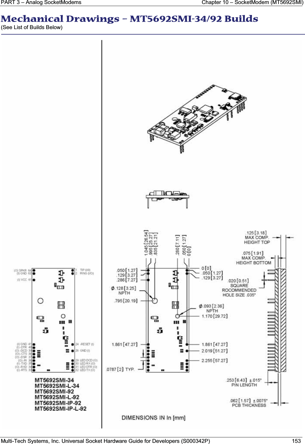 PART 3 – Analog SocketModems Chapter 10 – SocketModem (MT5692SMI)Multi-Tech Systems, Inc. Universal Socket Hardware Guide for Developers (S000342P) 153MMechanical Drawings – MT5692SMI-34/92 Builds  (See List of Builds Below)