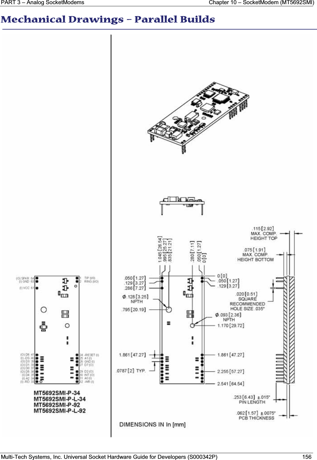 PART 3 – Analog SocketModems Chapter 10 – SocketModem (MT5692SMI)Multi-Tech Systems, Inc. Universal Socket Hardware Guide for Developers (S000342P) 156MMechanical Drawings – Parallel Builds 